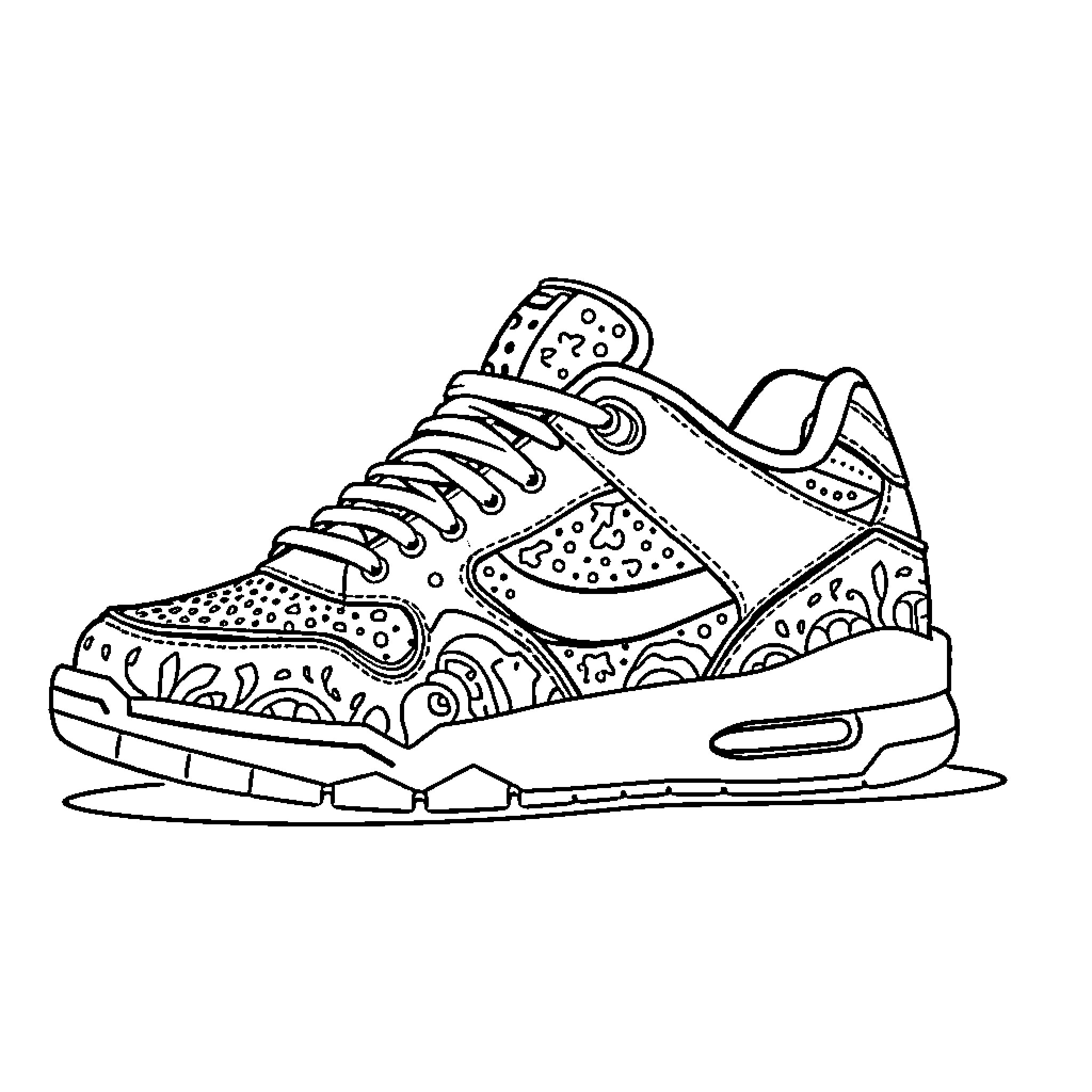 Sneaker with intricate patterns and designs Coloring Page (free black-and-white line drawing printable PDF for all, from beginners to advanced learners, including children, teens, adults, and seniors)