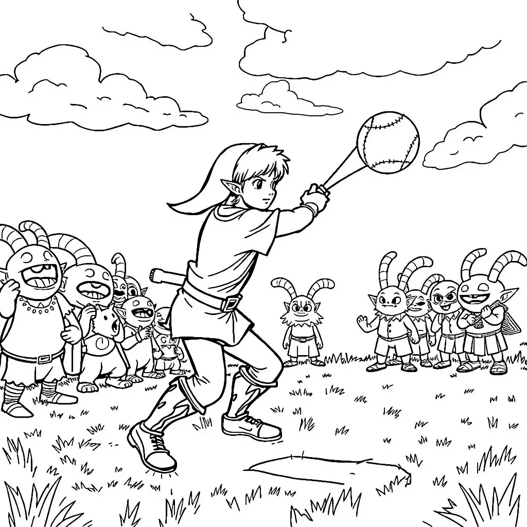 Link playing with friends in the field Coloring Page (free black-and-white line drawing printable PDF for all, from beginners to advanced learners, including children, teens, adults, and seniors)