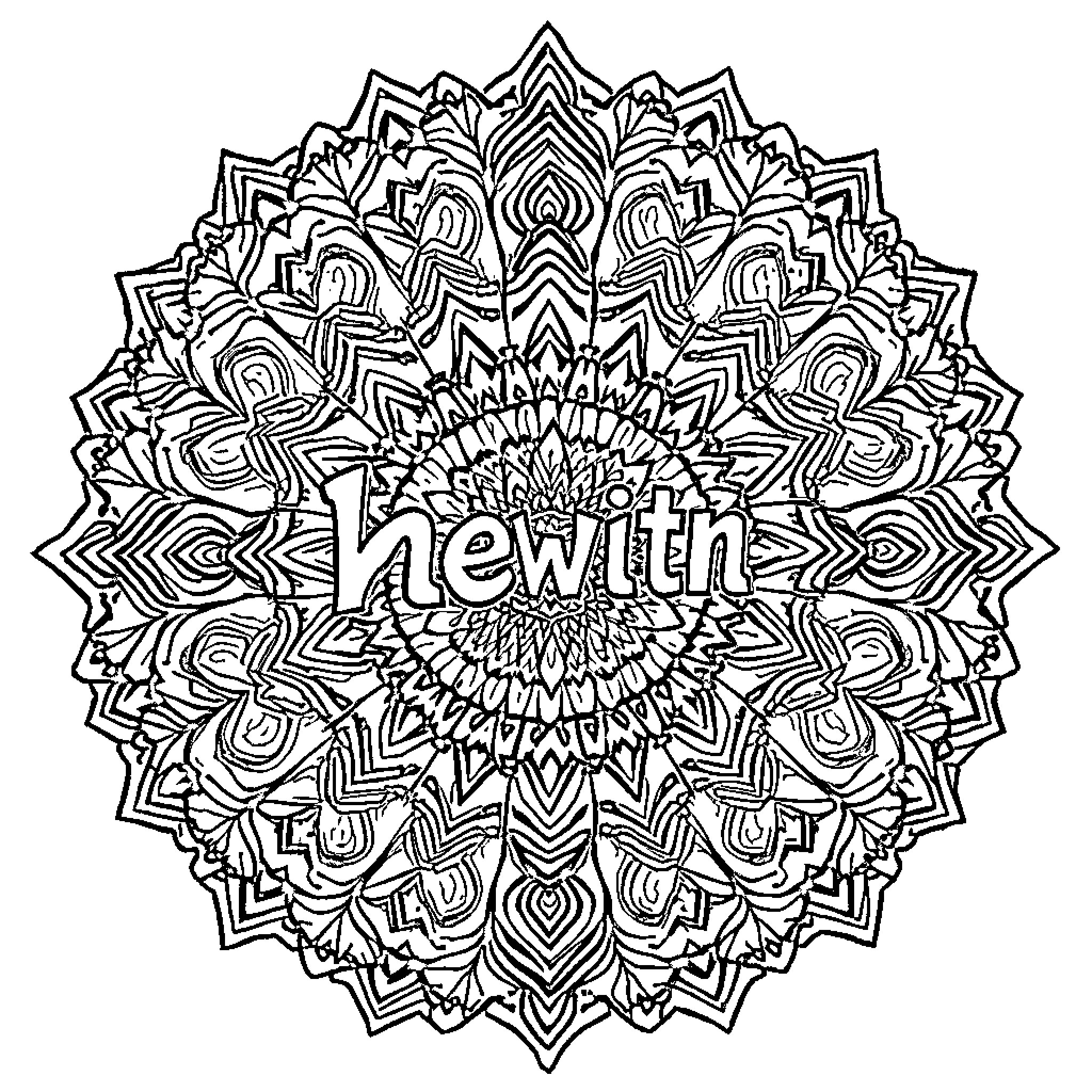 Mandala featuring intricate patterns and the word 'Hewitt' Coloring Page (free black-and-white line drawing printable PDF for all, from beginners to advanced learners, including children, teens, adults, and seniors)