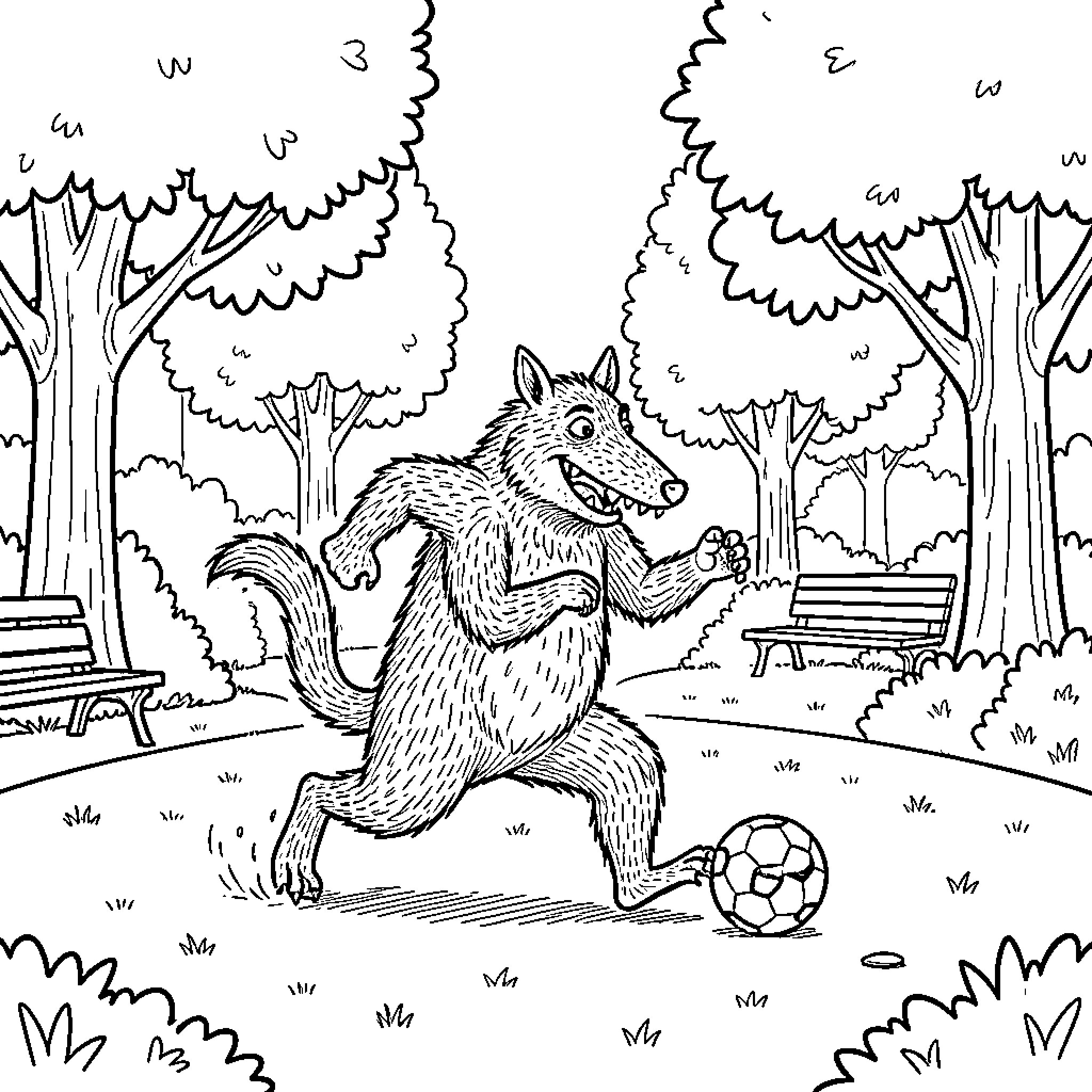 Gruffalo character playing soccer in a park Coloring Page (free black-and-white line drawing printable PDF for all, from beginners to advanced learners, including children, teens, adults, and seniors)