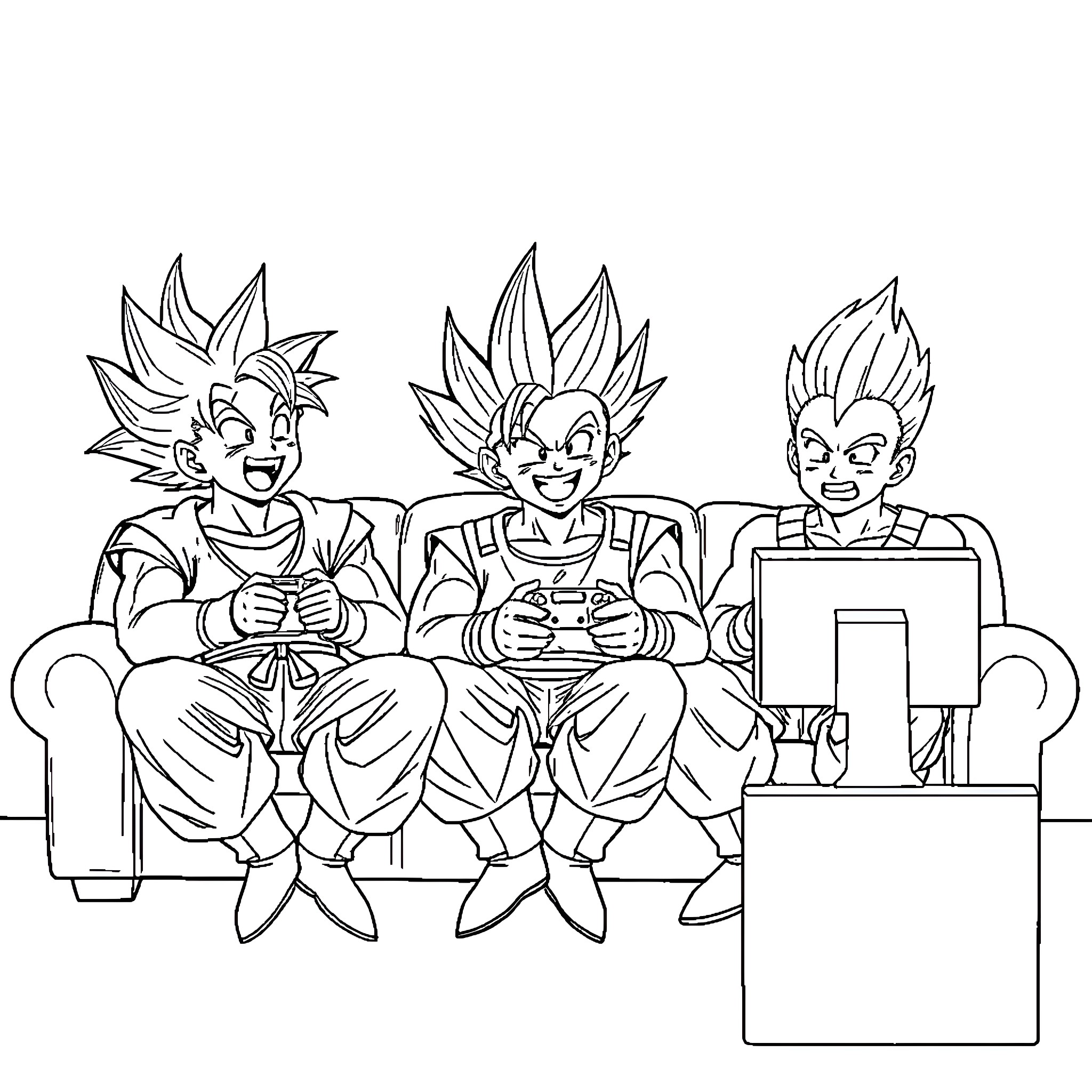 Dragonball Characters Competing in Gaming Competition Coloring Page (free black-and-white line drawing printable PDF for all, from beginners to advanced learners, including children, teens, adults, and seniors)