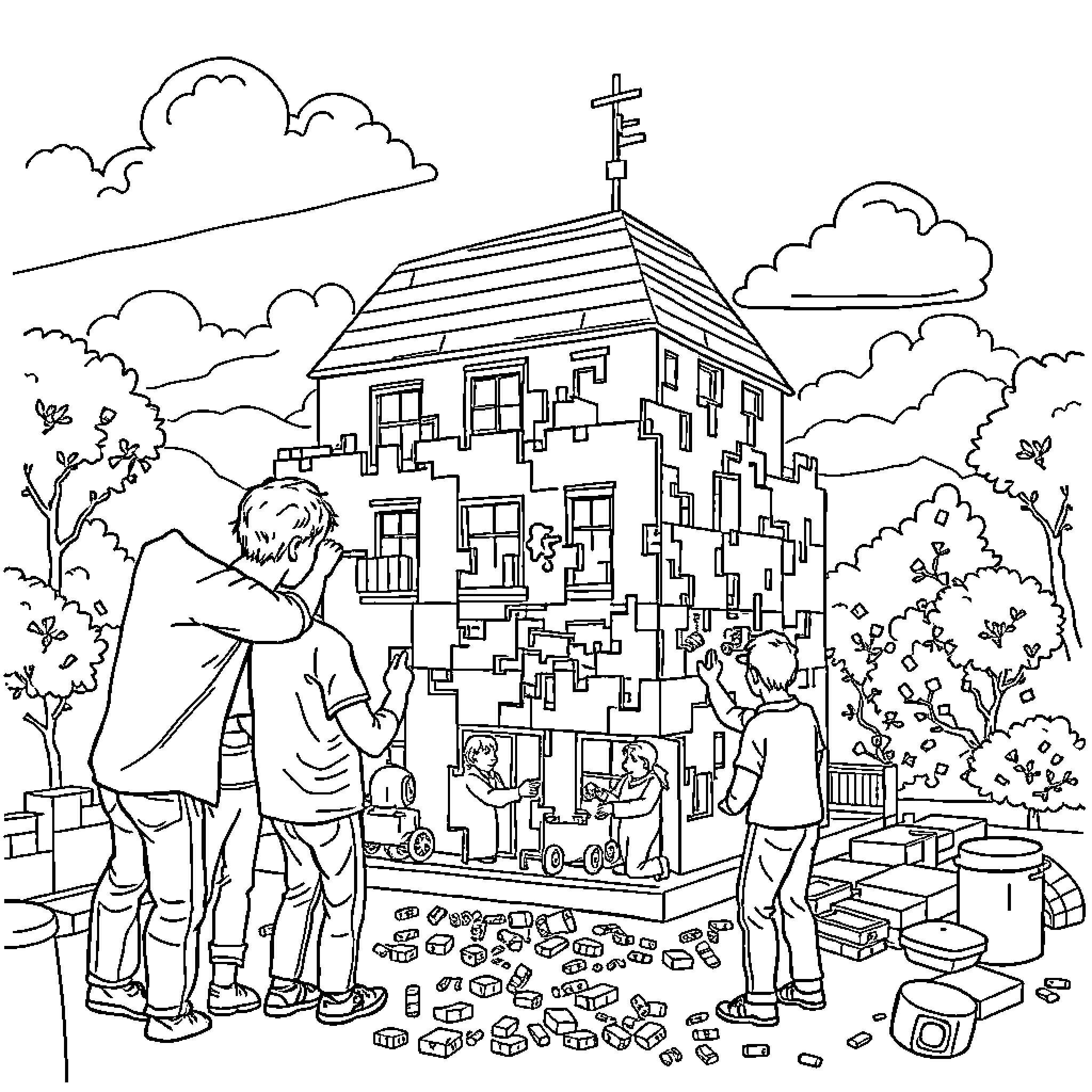 Teardown of the dilapidated building with onlookers Coloring Page (free black-and-white line drawing printable PDF for all, from beginners to advanced learners, including children, teens, adults, and seniors)