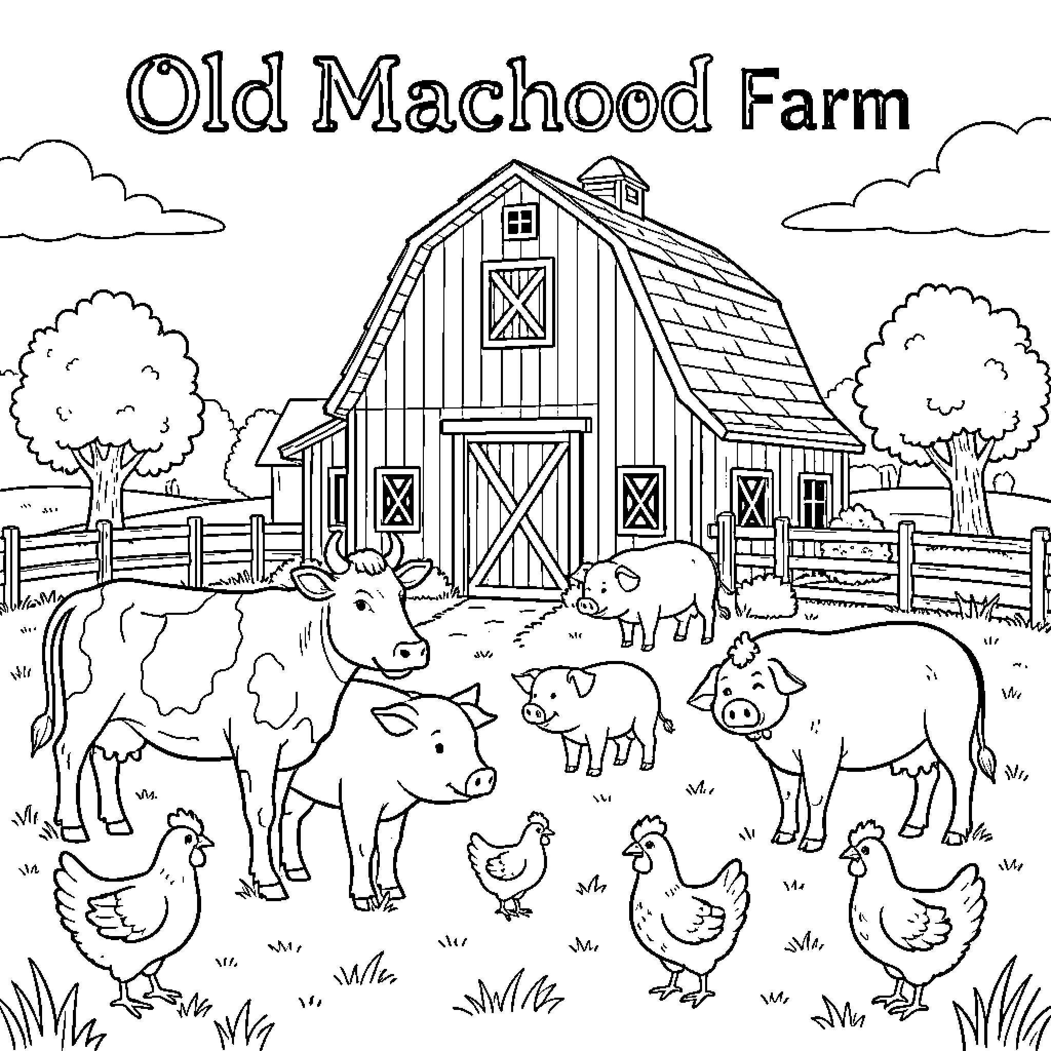 Old Machood Farm with Barn, Animals, and Countryside Coloring Page (free black-and-white line drawing printable PDF for all, from beginners to advanced learners, including children, teens, adults, and seniors)