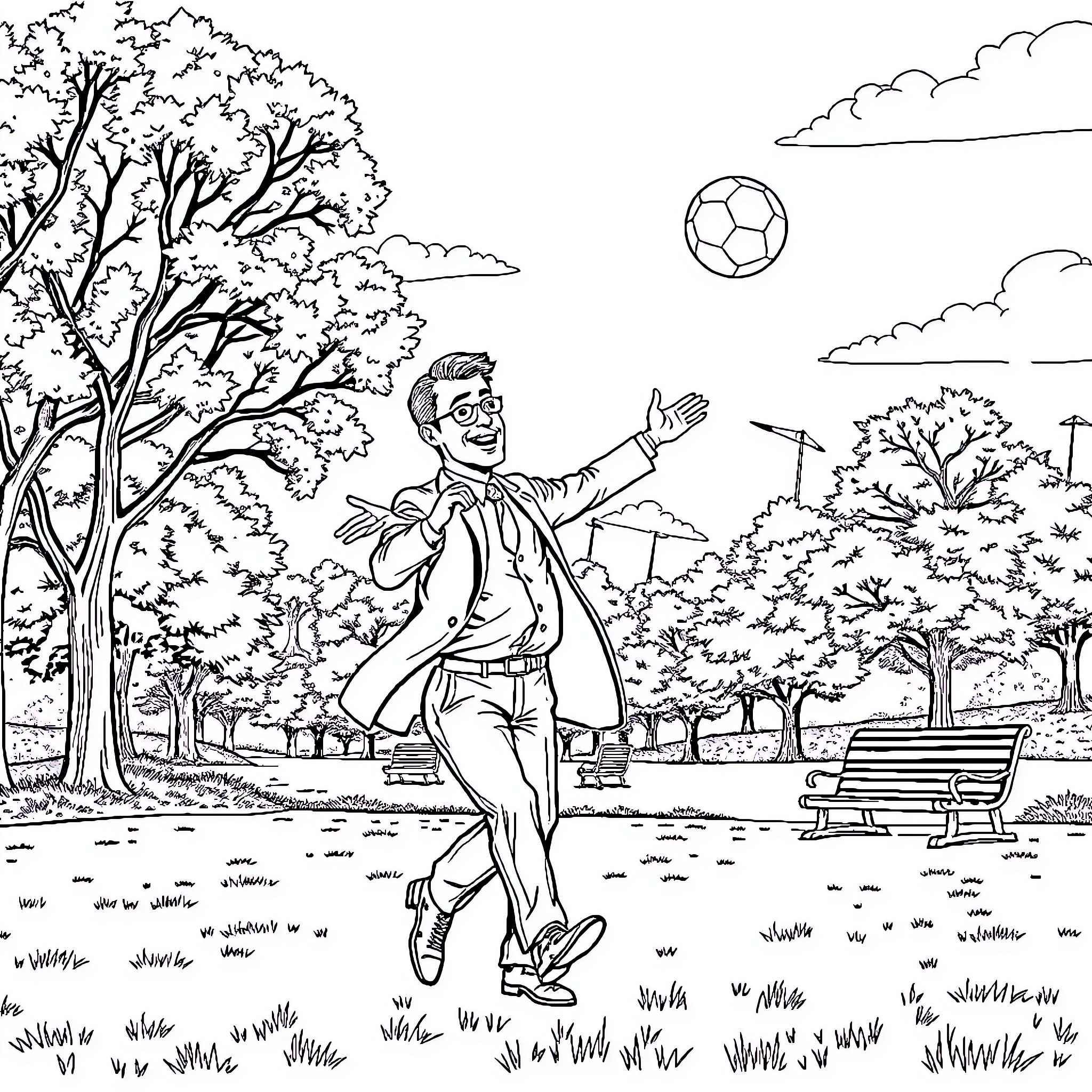 Lawyer playing with a soccer ball in a park Coloring Page (free black-and-white line drawing printable PDF for all, from beginners to advanced learners, including children, teens, adults, and seniors)