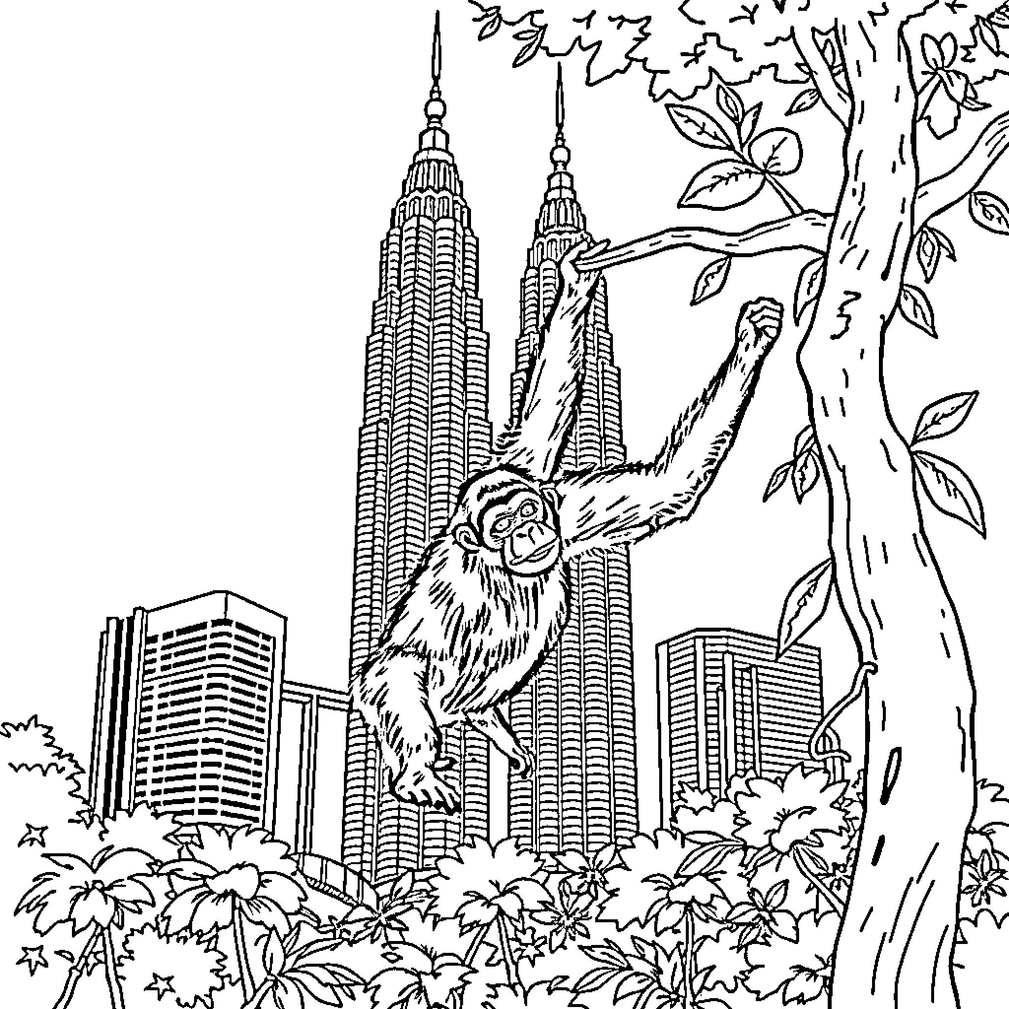 Orangutan swinging from a tree in the city Coloring Page (free black-and-white line drawing printable PDF for all, from beginners to advanced learners, including children, teens, adults, and seniors)