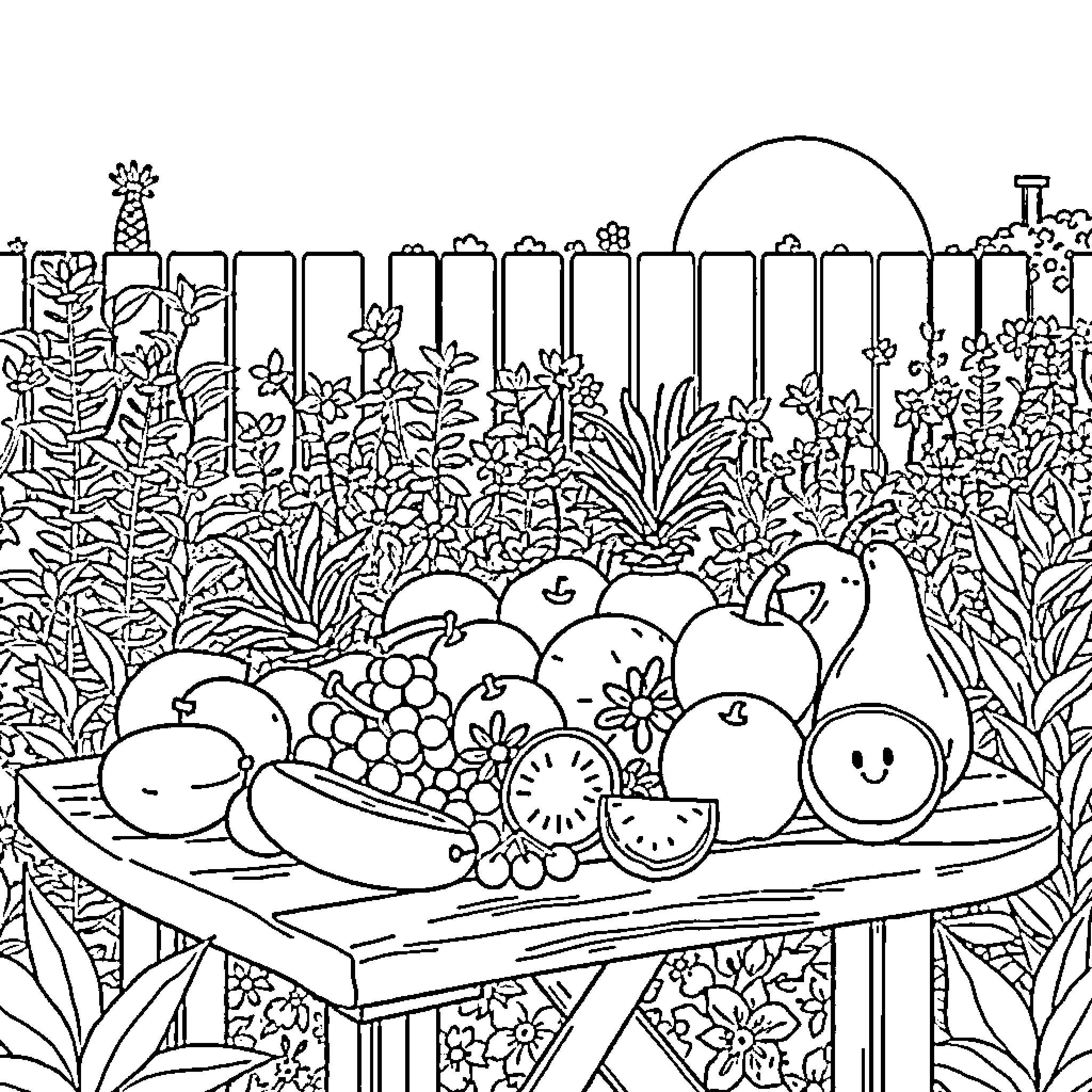 Fruit in a Lush Garden Scene Coloring Page (free black-and-white line drawing printable PDF for all, from beginners to advanced learners, including children, teens, adults, and seniors)