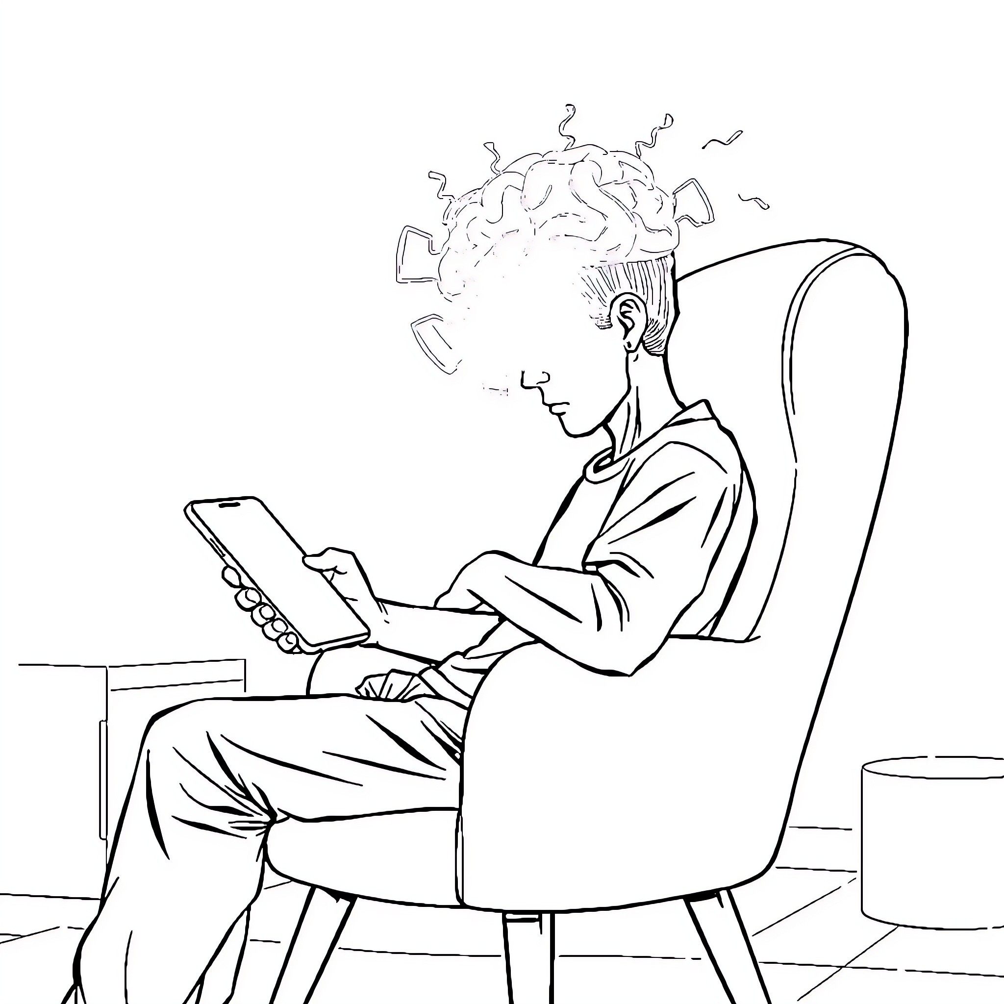 Cell Phone Distraction in Thought-Provoking Pose Coloring Page (free black-and-white line drawing printable PDF for all, from beginners to advanced learners, including children, teens, adults, and seniors)