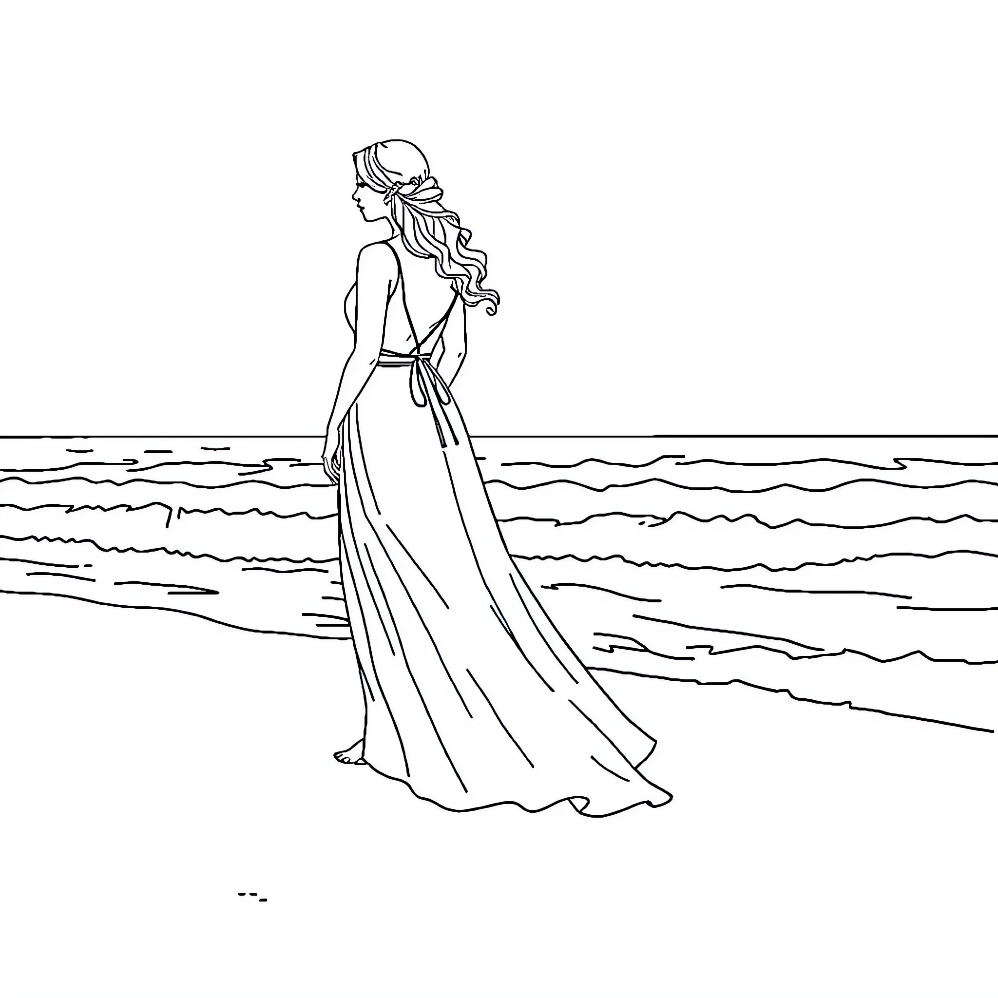 Bride standing on the beach with flowing dress Coloring Page (free black-and-white line drawing printable PDF for all, from beginners to advanced learners, including children, teens, adults, and seniors)