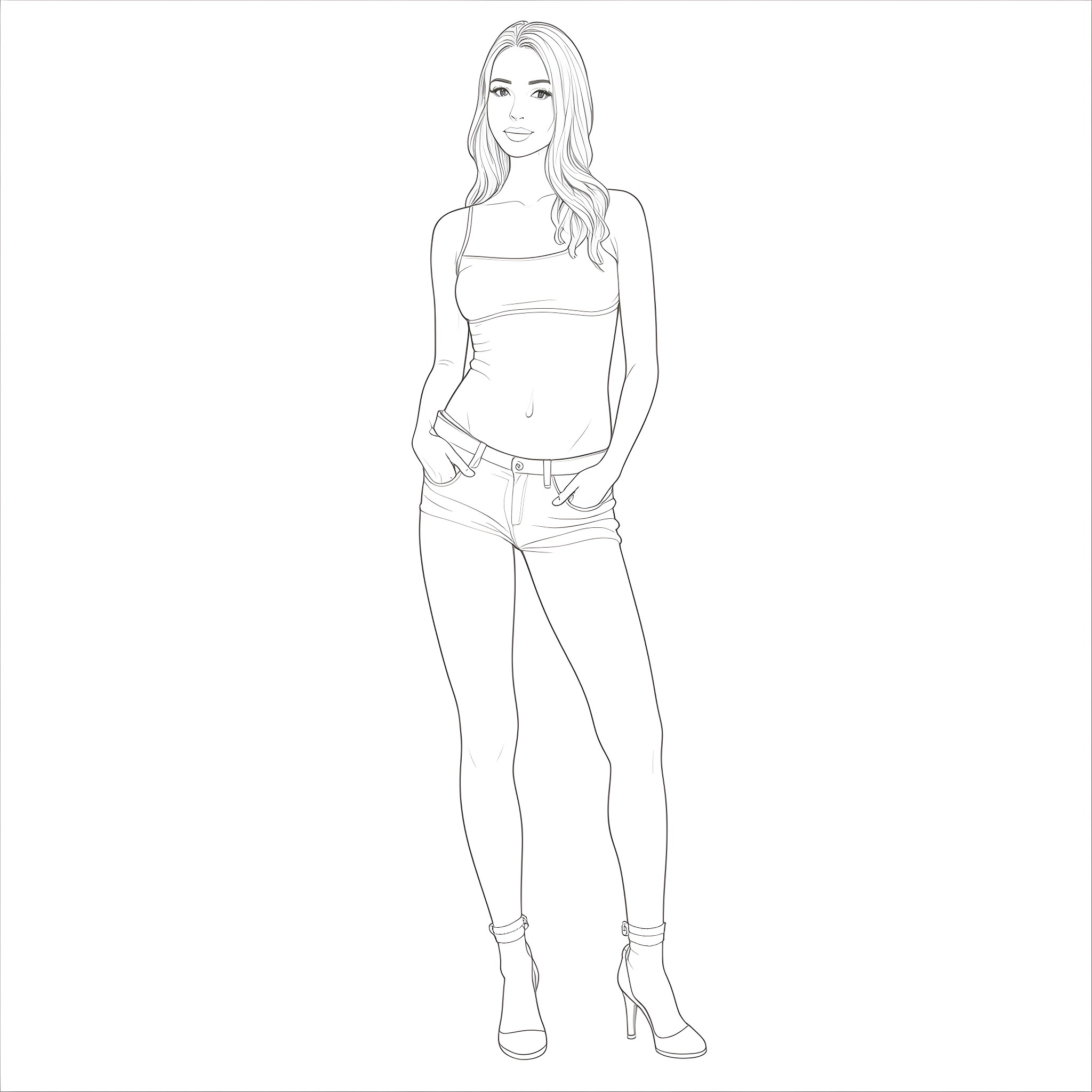 Woman in casual attire posing confidently Coloring Page (free black-and-white line drawing printable PDF for all, from beginners to advanced learners, including children, teens, adults, and seniors)