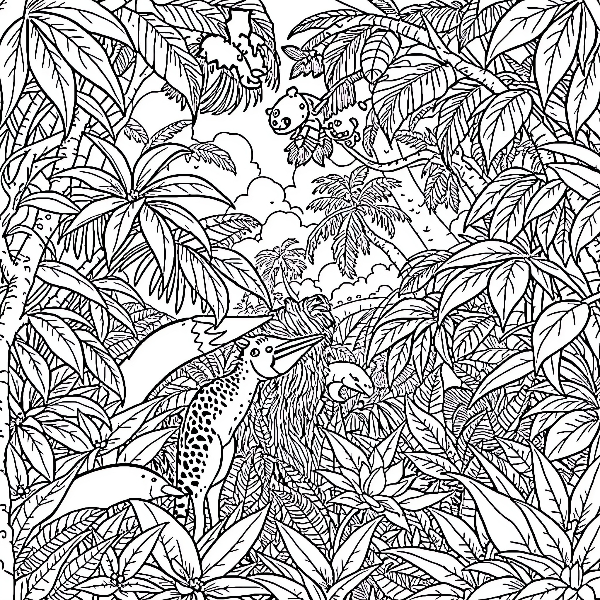 Jungle Book: Wild Animals Exploring Lush Vegetation Coloring Page (free black-and-white line drawing printable PDF for all, from beginners to advanced learners, including children, teens, adults, and seniors)