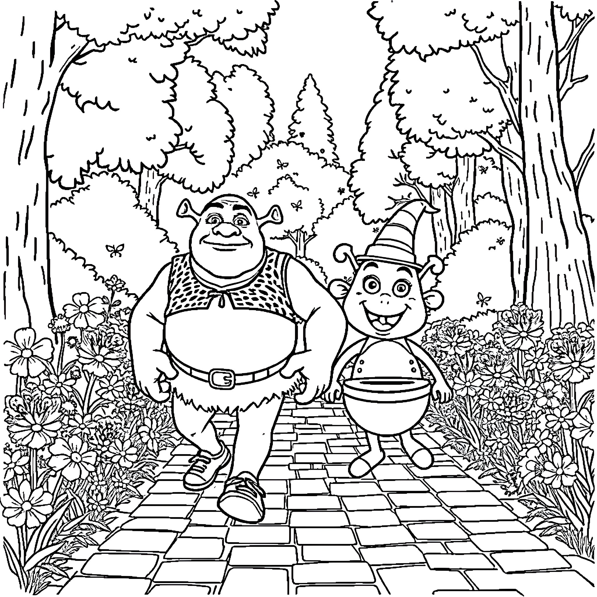 Shrek and Donkey explore the enchanted forest Coloring Page (free black-and-white line drawing printable PDF for all, from beginners to advanced learners, including children, teens, adults, and seniors)