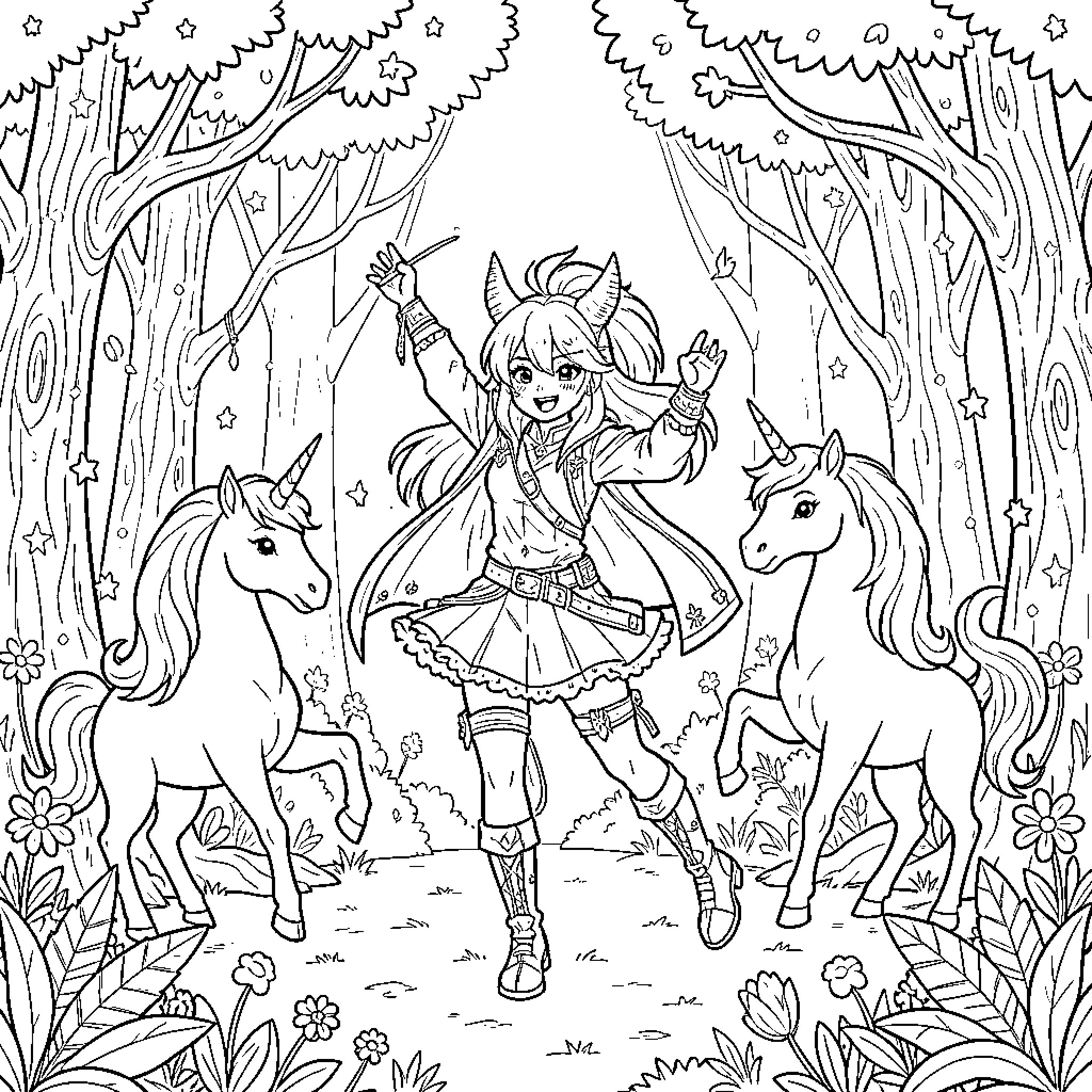Kpop Demon Hunter dancing with unicorns in a forest Coloring Page (free black-and-white line drawing printable PDF for all, from beginners to advanced learners, including children, teens, adults, and seniors)