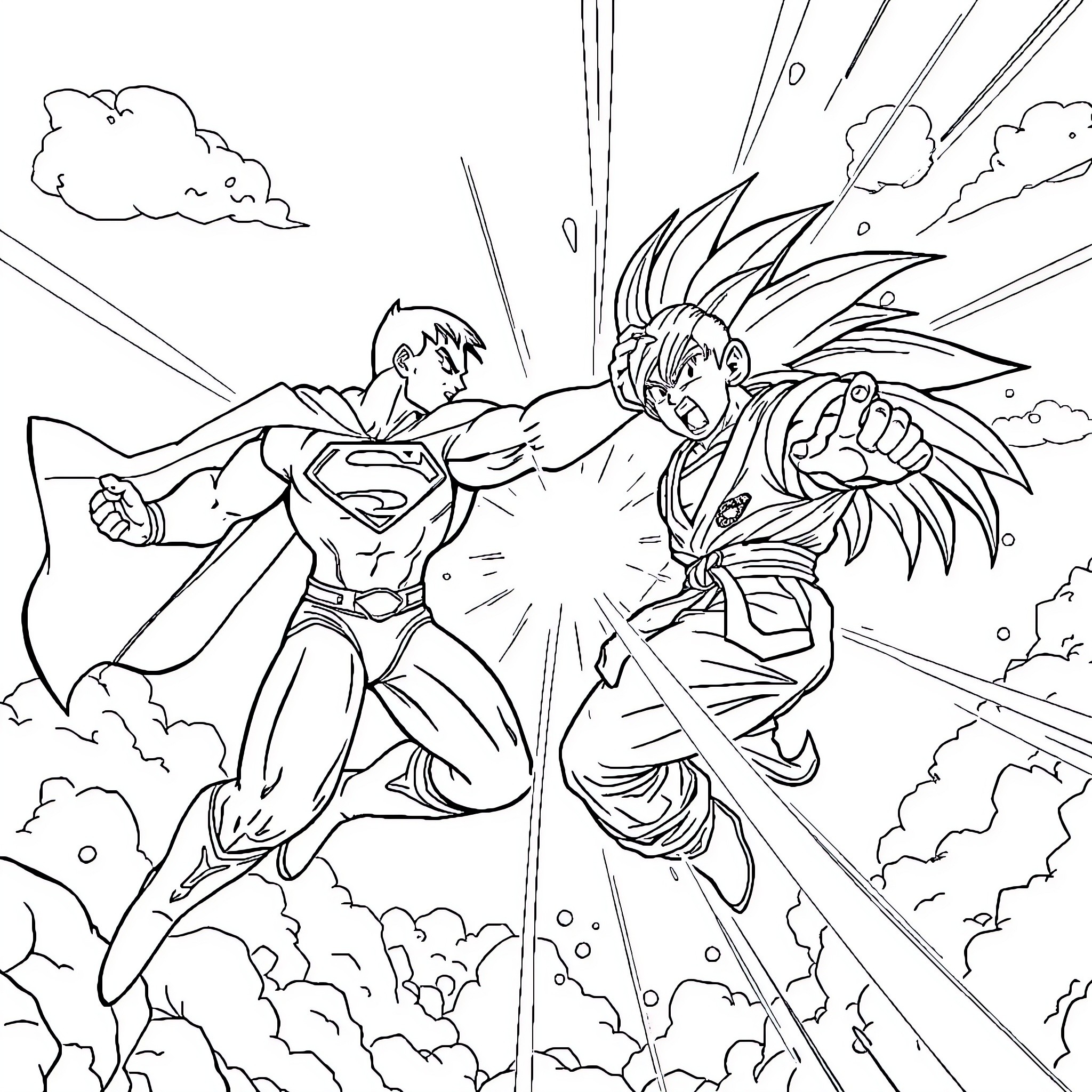 Superman battling a fierce villain in an epic showdown Coloring Page (free black-and-white line drawing printable PDF for all, from beginners to advanced learners, including children, teens, adults, and seniors)