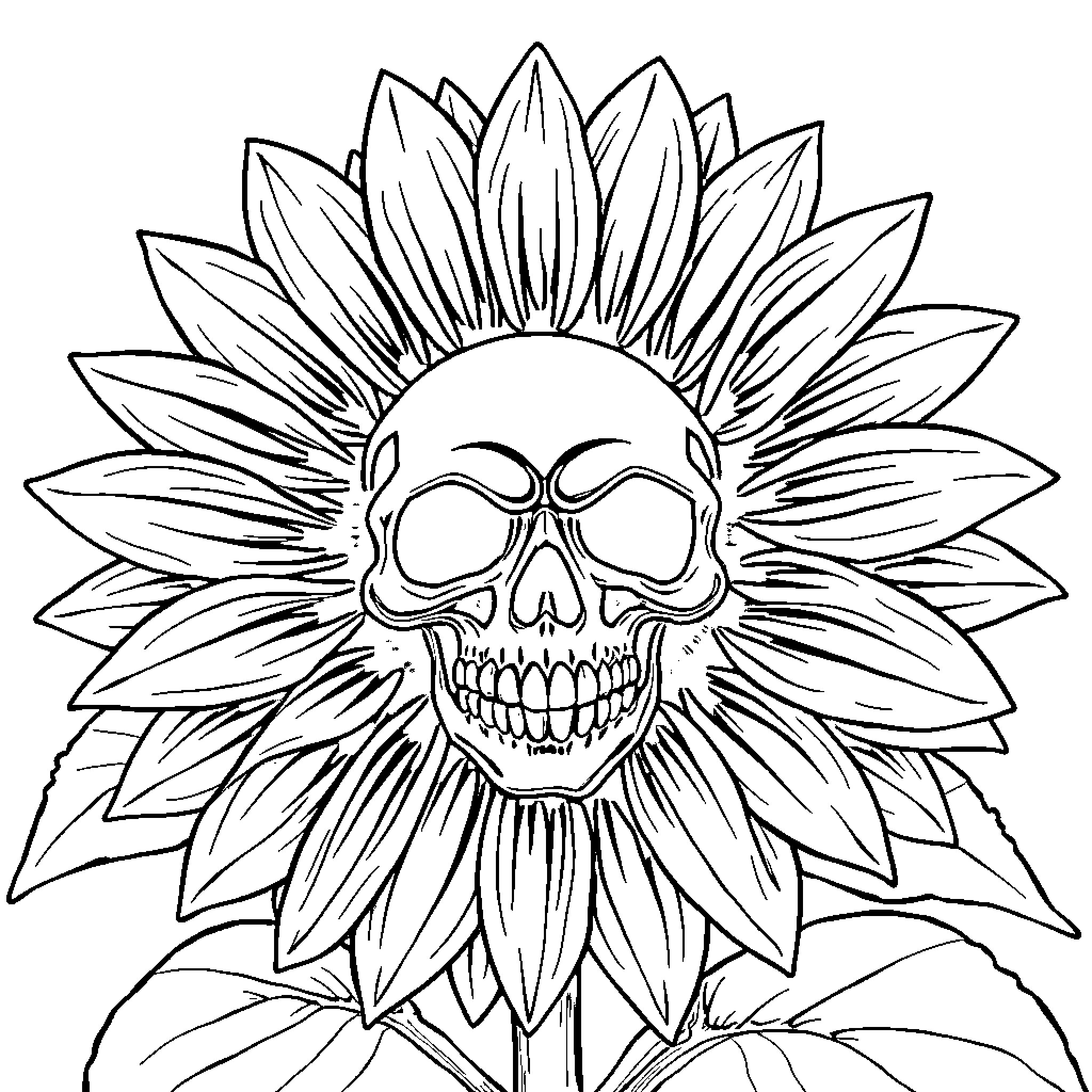 Sunflower with Skull Motif Coloring Page (free black-and-white line drawing printable PDF for all, from beginners to advanced learners, including children, teens, adults, and seniors)