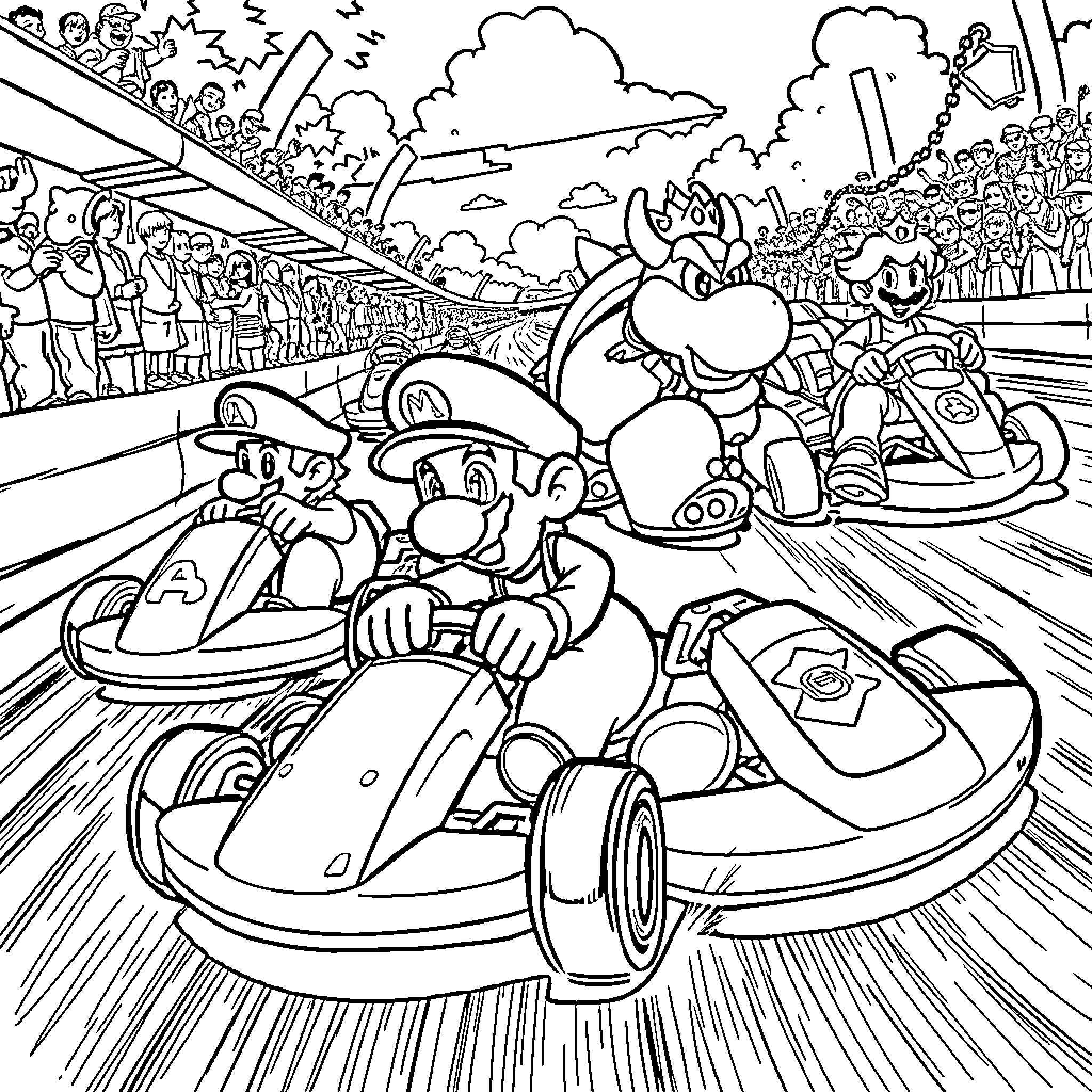 Kart Racing Excitement at the Stadium Coloring Page (free black-and-white line drawing printable PDF for all, from beginners to advanced learners, including children, teens, adults, and seniors)