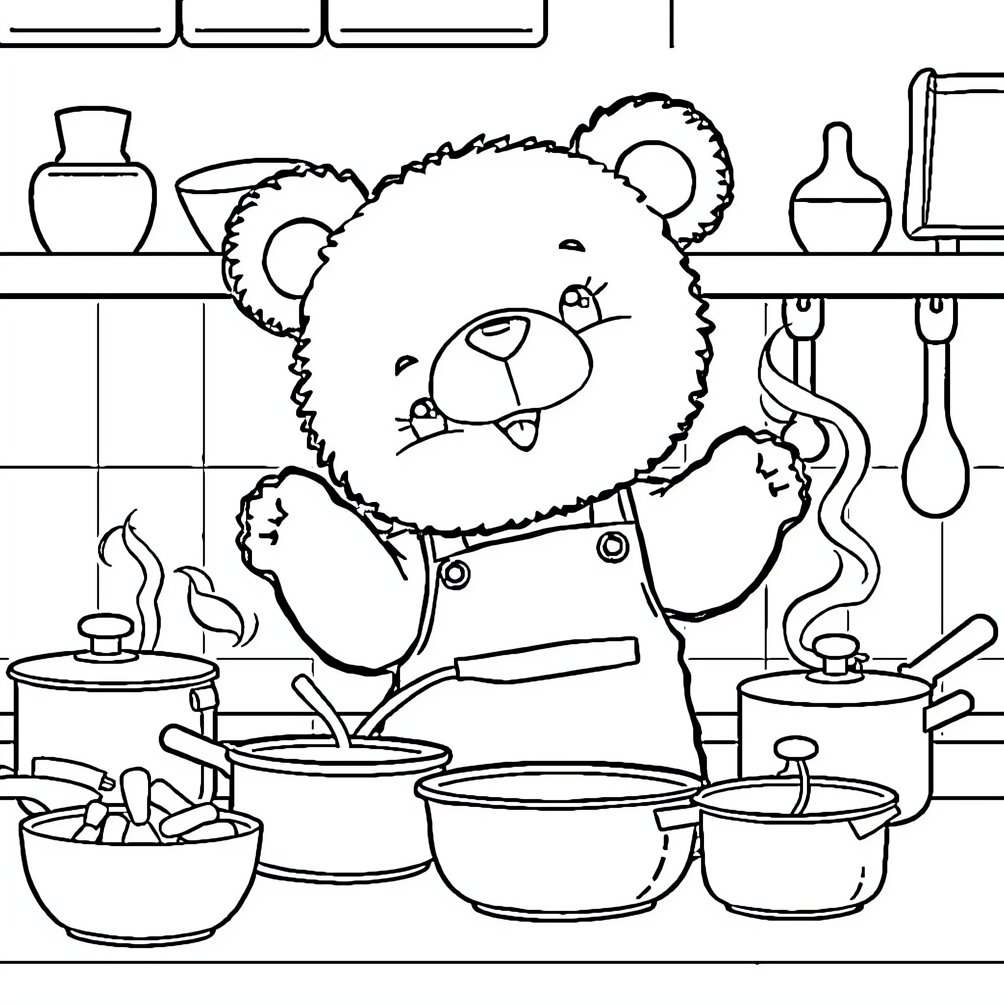 Teddy Bear Cooking in the Kitchen Coloring Page (free black-and-white line drawing printable PDF for all, from beginners to advanced learners, including children, teens, adults, and seniors)