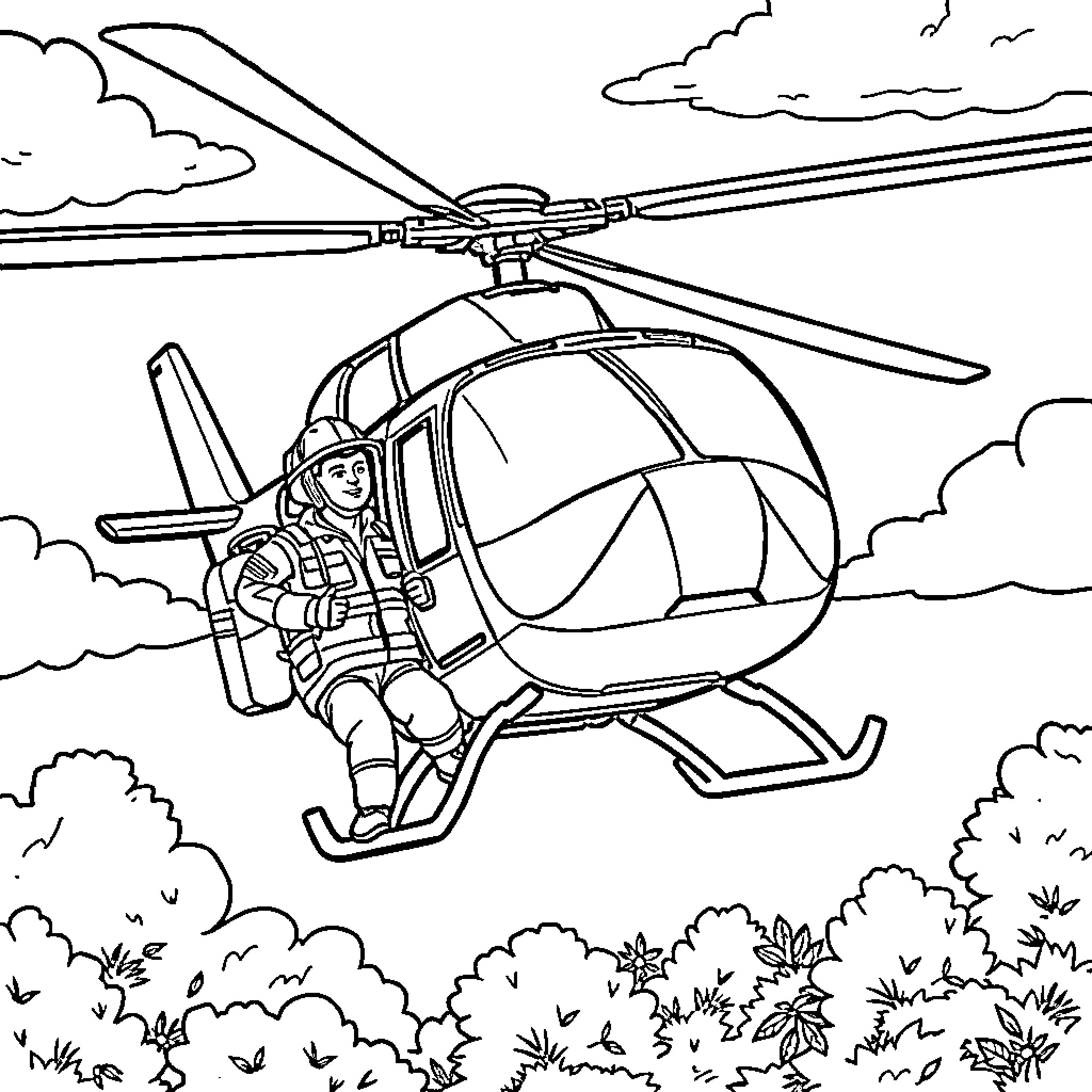 Helicopter with person flying over forested landscape Coloring Page (free black-and-white line drawing printable PDF for all, from beginners to advanced learners, including children, teens, adults, and seniors)