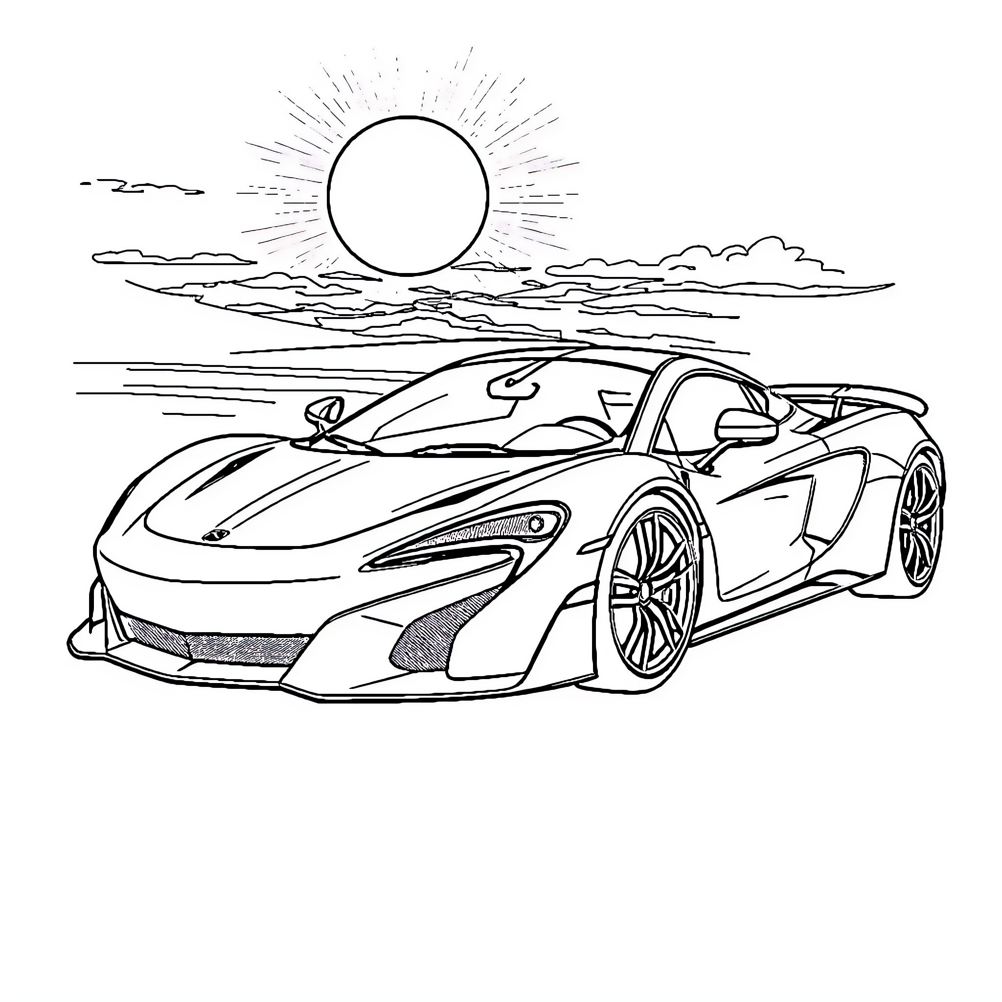 McLaren sports car racing against the sunset Coloring Page (free black-and-white line drawing printable PDF for all, from beginners to advanced learners, including children, teens, adults, and seniors)