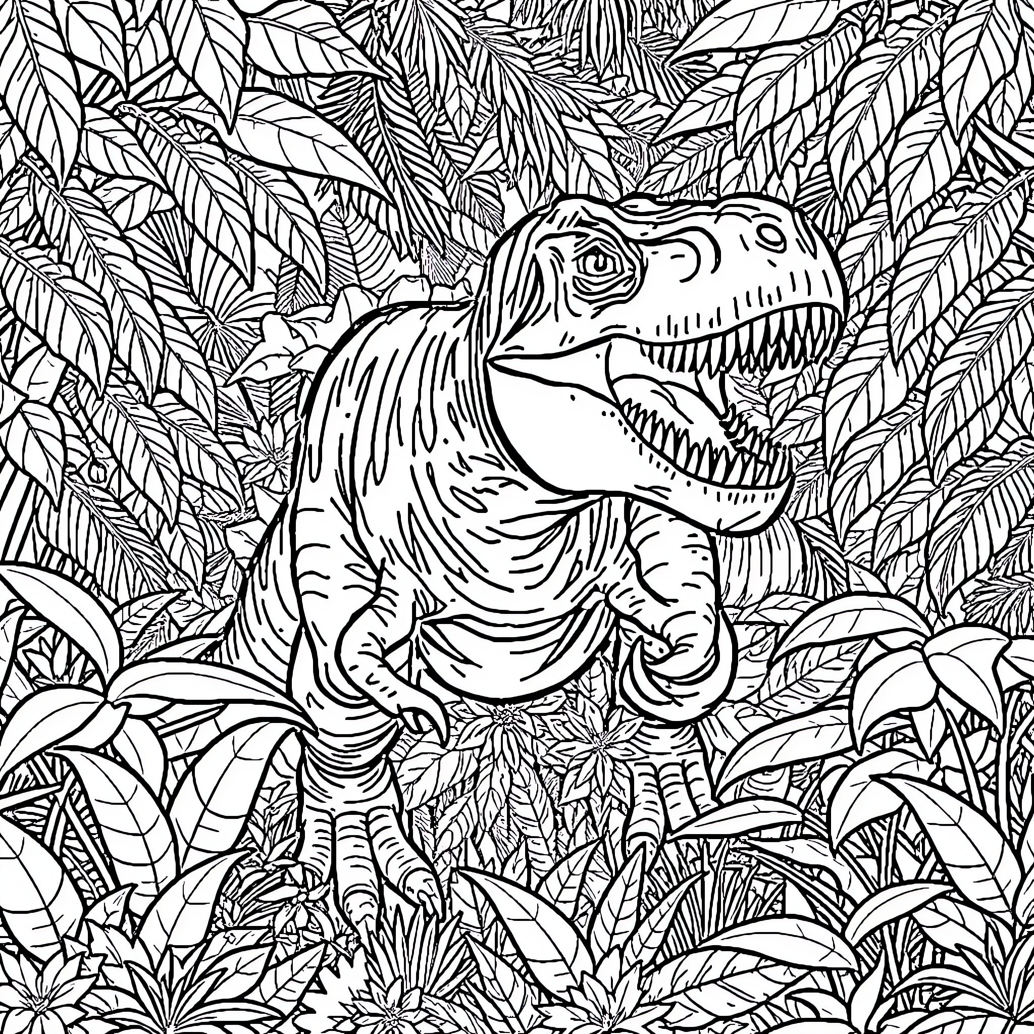 Indominus Rex Stalks Through Lush Jungle Foliage Coloring Page (free black-and-white line drawing printable PDF for all, from beginners to advanced learners, including children, teens, adults, and seniors)