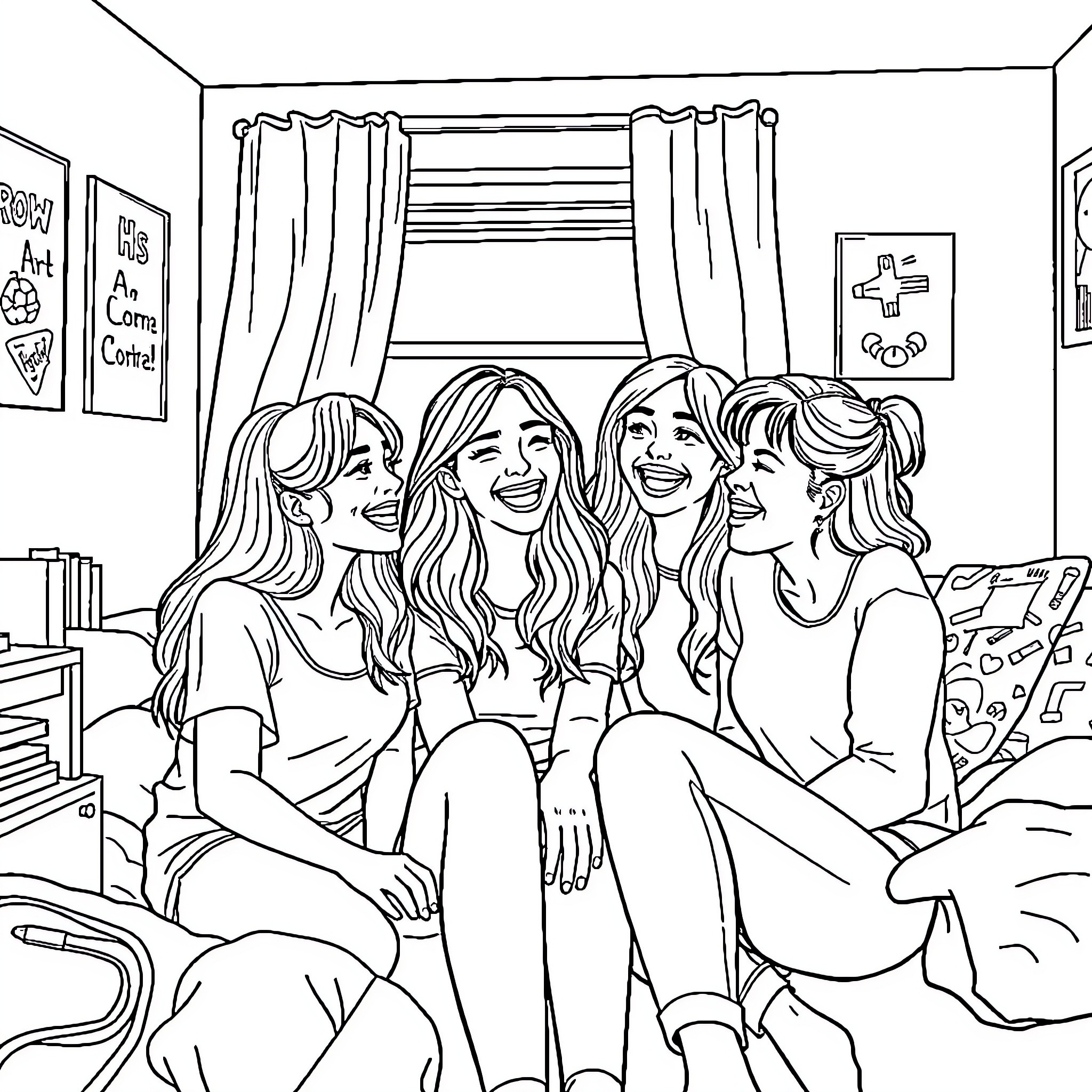 College Friends Bonding in Dorm Room Coloring Page (free black-and-white line drawing printable PDF for all, from beginners to advanced learners, including children, teens, adults, and seniors)
