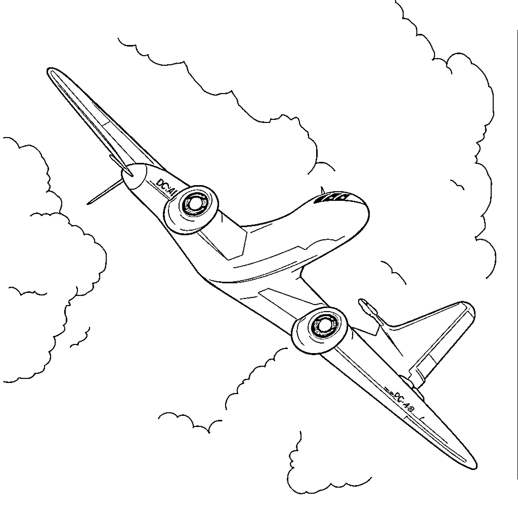 Douglas Dakota performing aerial maneuvers in the skies Coloring Page (free black-and-white line drawing printable PDF for all, from beginners to advanced learners, including children, teens, adults, and seniors)