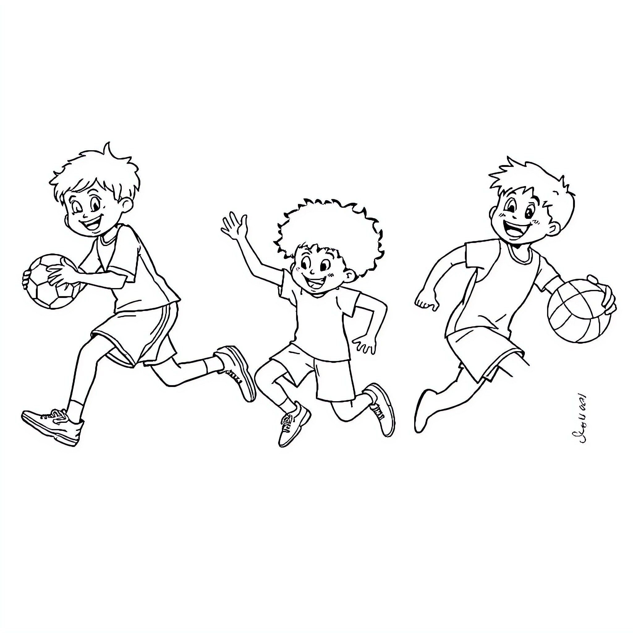 Child Athletes Playing Joyfully with Sports Balls Coloring Page (free black-and-white line drawing printable PDF for all, from beginners to advanced learners, including children, teens, adults, and seniors)