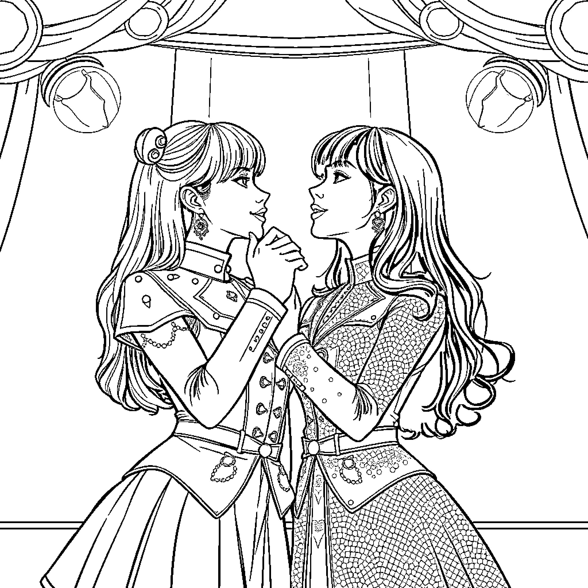 K Pop Warrior Princesses in Elegant Embrace Coloring Page (free black-and-white line drawing printable PDF for all, from beginners to advanced learners, including children, teens, adults, and seniors)