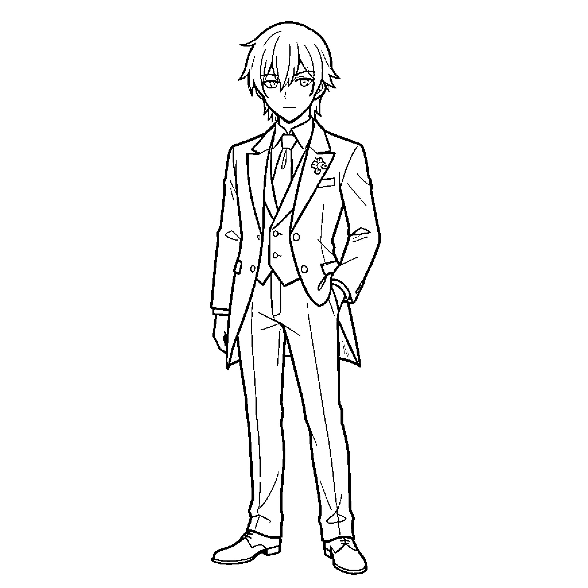 Sebastian Michaelis standing formally in a butler suit Coloring Page (free black-and-white line drawing printable PDF for all, from beginners to advanced learners, including children, teens, adults, and seniors)