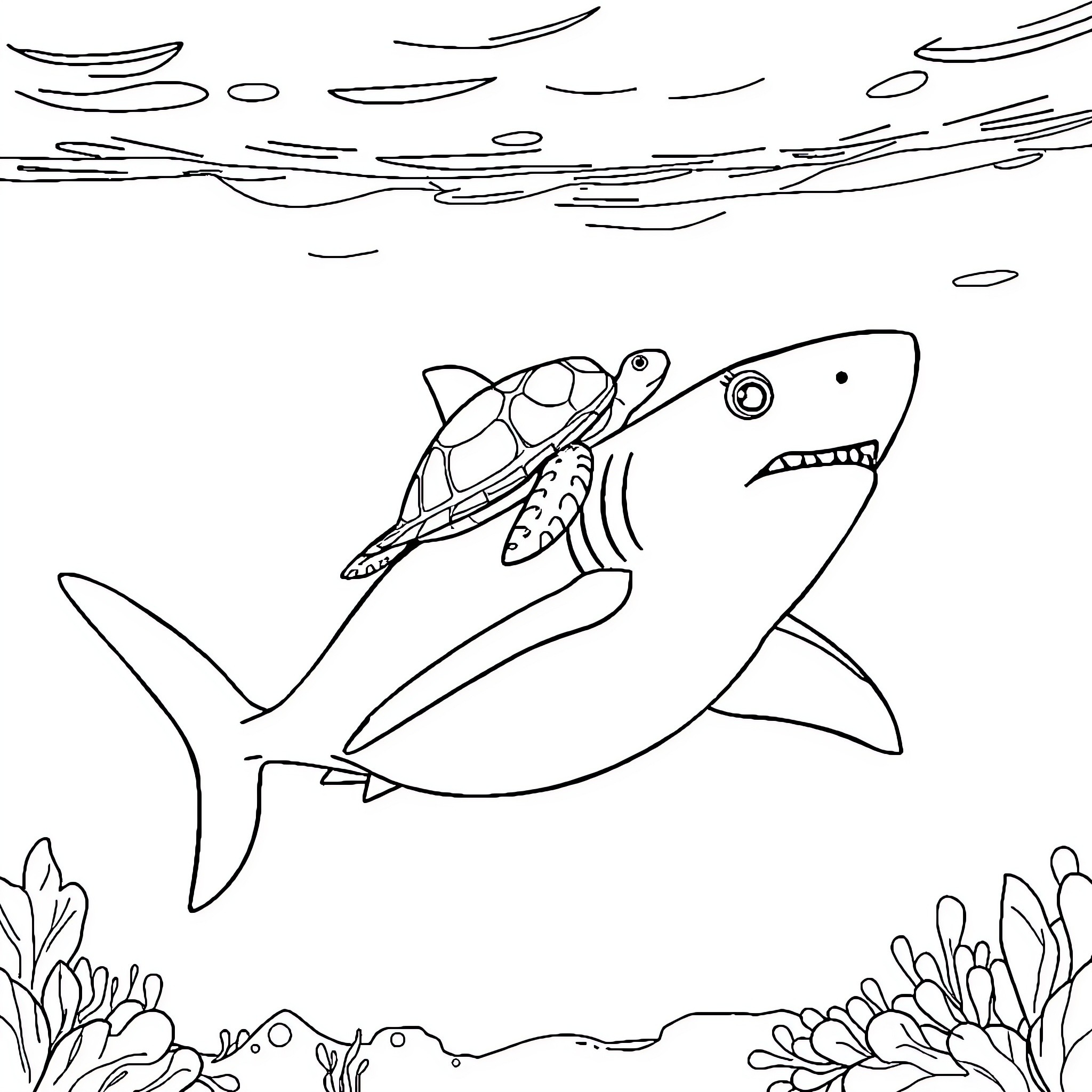 Turtle riding on a shark in the ocean Coloring Page (free black-and-white line drawing printable PDF for all, from beginners to advanced learners, including children, teens, adults, and seniors)
