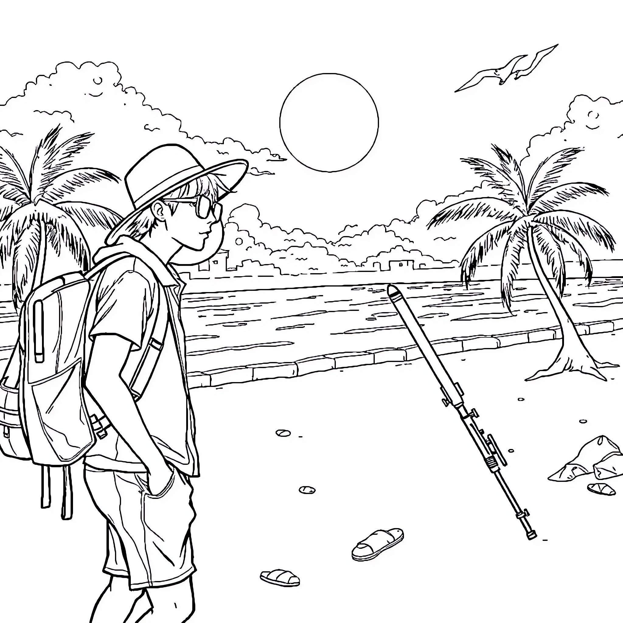 Kpop Hunter exploring tropical beach scene Coloring Page (free black-and-white line drawing printable PDF for all, from beginners to advanced learners, including children, teens, adults, and seniors)
