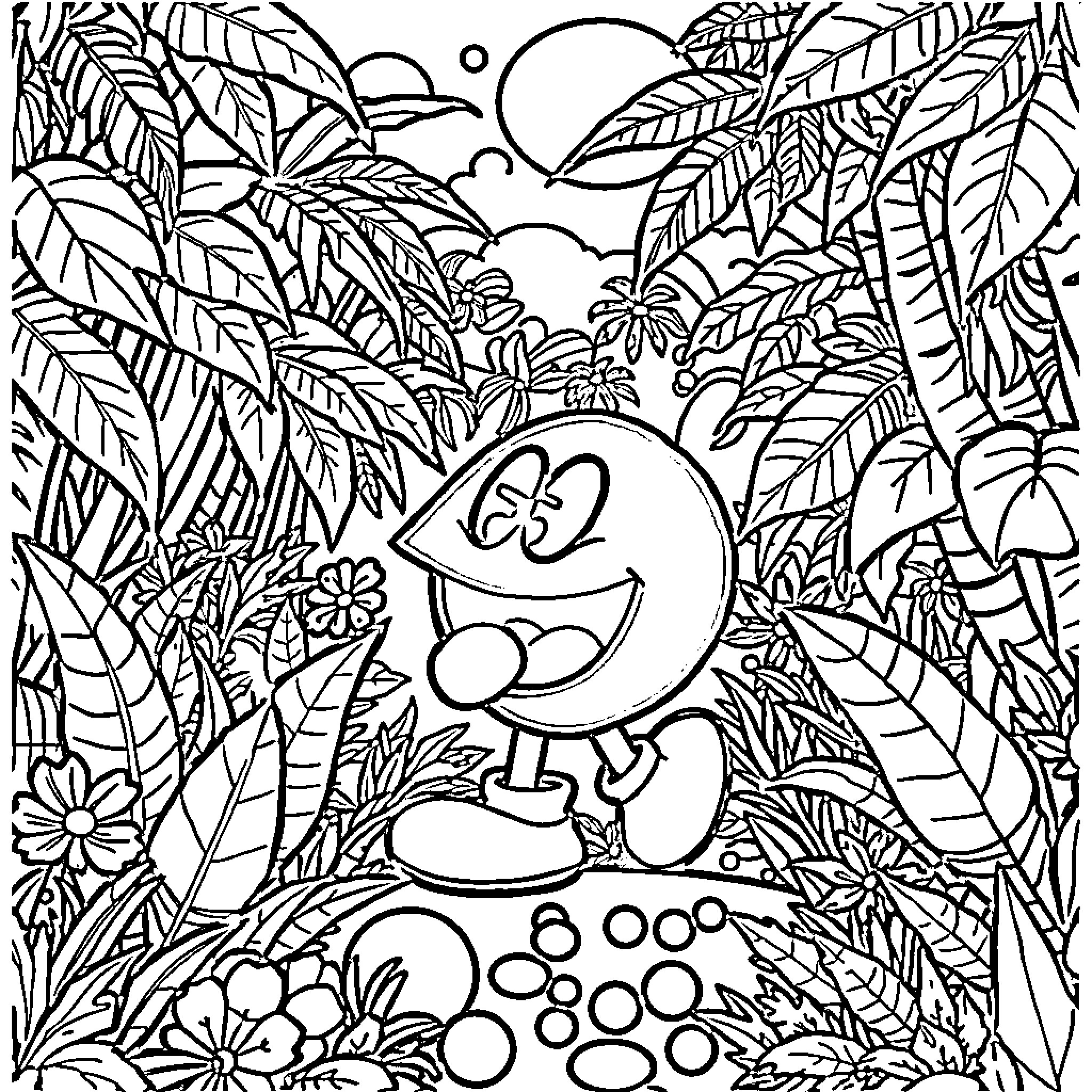 Pacman enjoying the jungle scenery Coloring Page (free black-and-white line drawing printable PDF for all, from beginners to advanced learners, including children, teens, adults, and seniors)