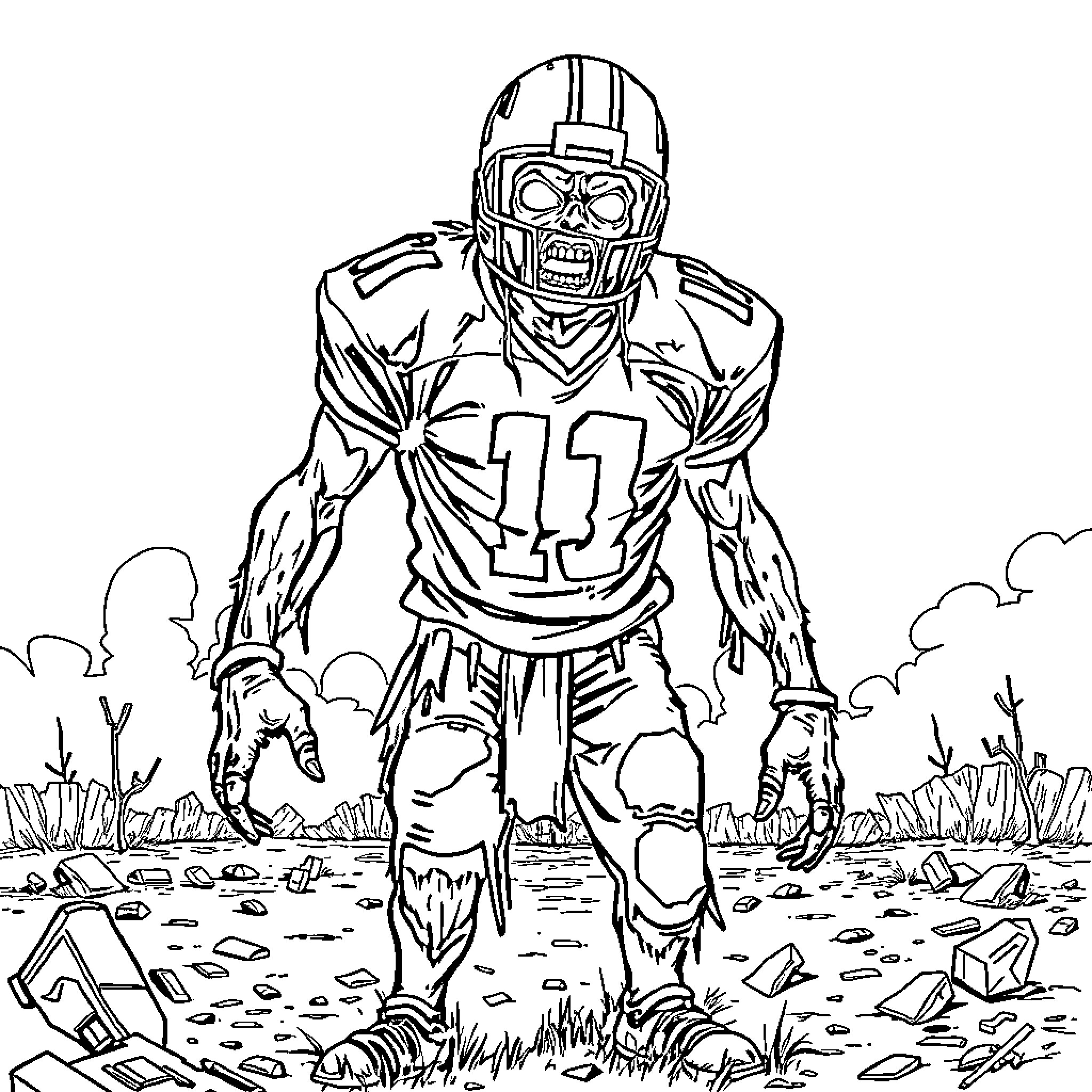Zombie Football Player Emerging from Destruction Coloring Page (free black-and-white line drawing printable PDF for all, from beginners to advanced learners, including children, teens, adults, and seniors)