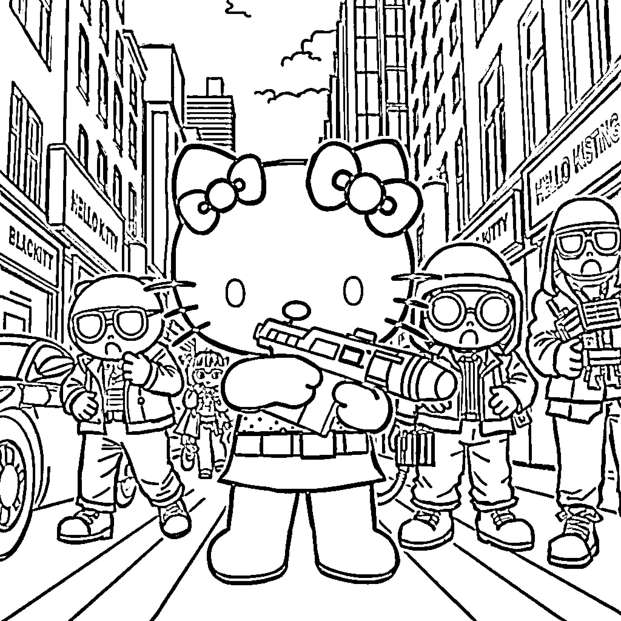 Hello Kitty and Friends Explore the City Streets Coloring Page (free black-and-white line drawing printable PDF for all, from beginners to advanced learners, including children, teens, adults, and seniors)