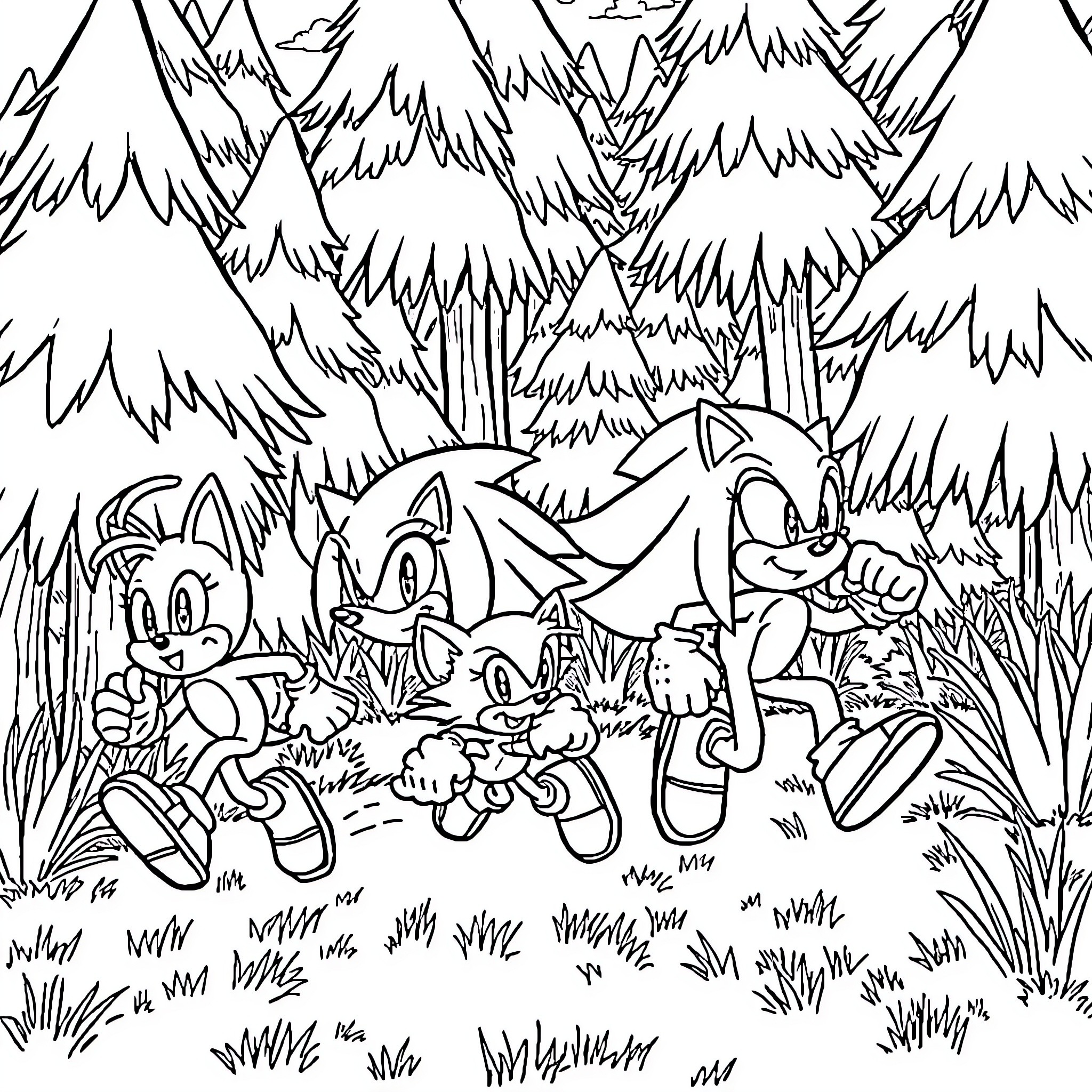Sonic characters exploring the forest environment Coloring Page (free black-and-white line drawing printable PDF for all, from beginners to advanced learners, including children, teens, adults, and seniors)