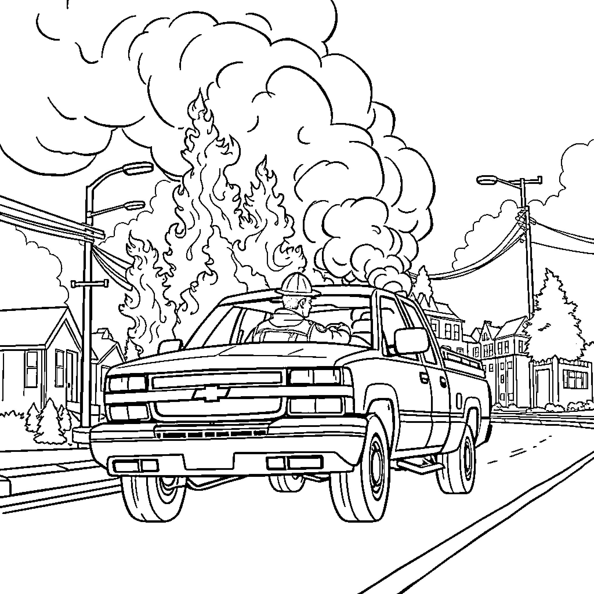 Firefighter battles blazing truck in urban scene Coloring Page (free black-and-white line drawing printable PDF for all, from beginners to advanced learners, including children, teens, adults, and seniors)