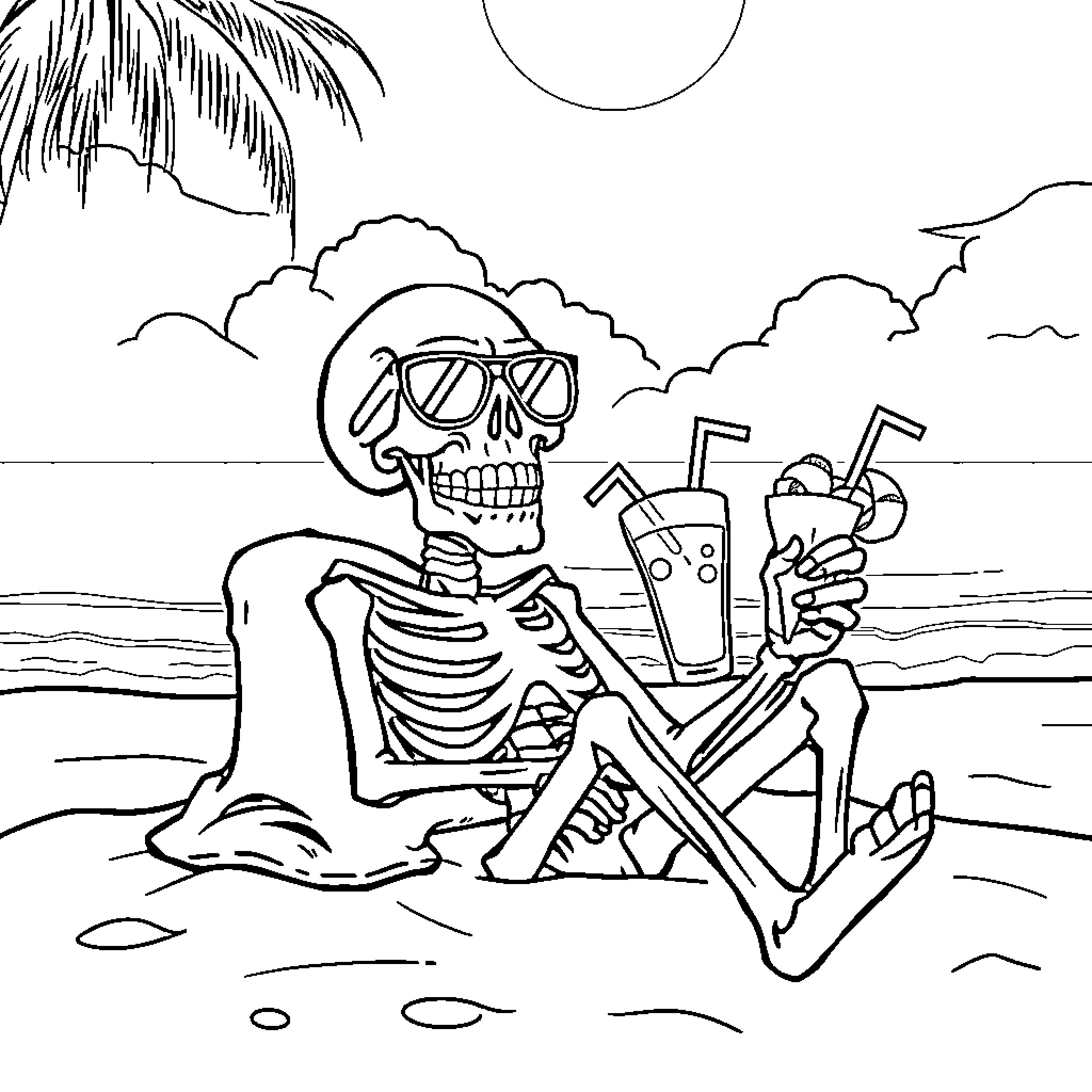 Skelletor relaxing on the beach with tropical cocktail Coloring Page (free black-and-white line drawing printable PDF for all, from beginners to advanced learners, including children, teens, adults, and seniors)