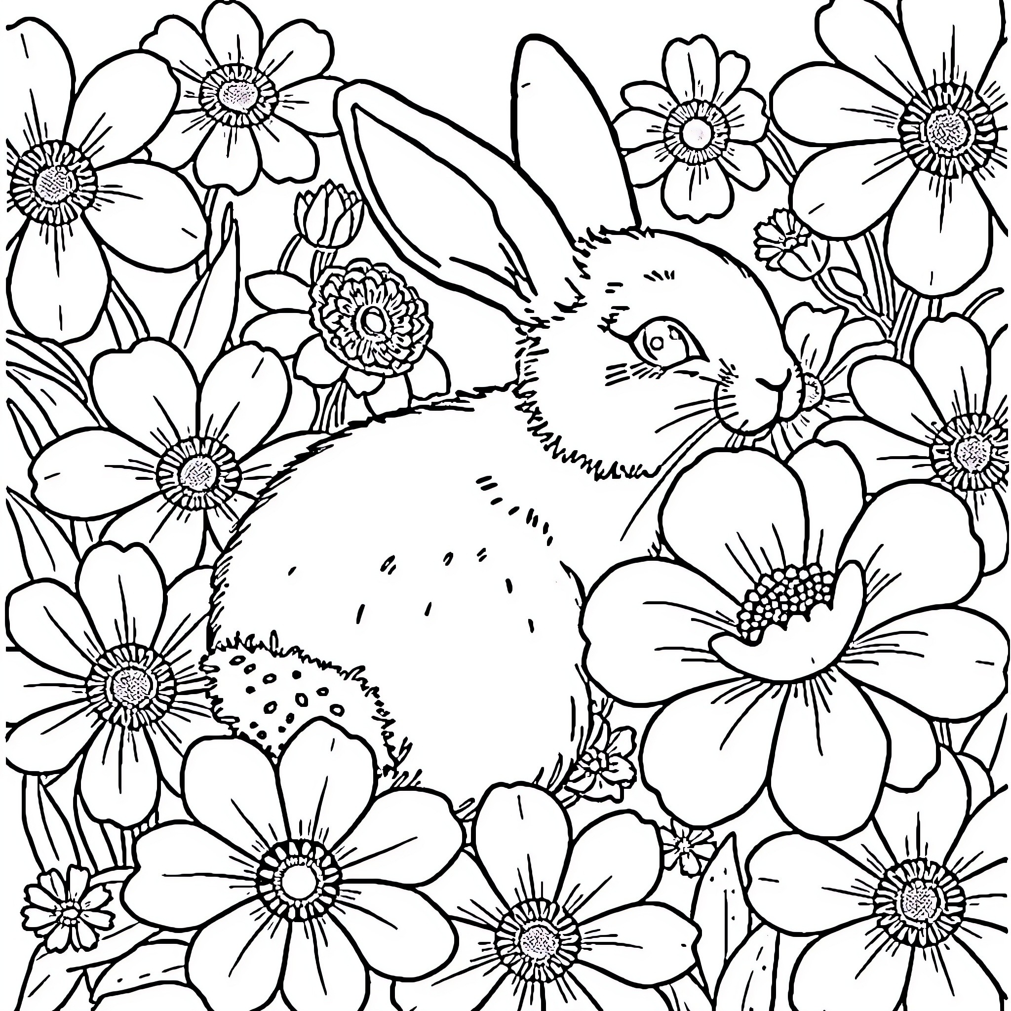 Bunny resting amidst vibrant floral garden Coloring Page (free black-and-white line drawing printable PDF for all, from beginners to advanced learners, including children, teens, adults, and seniors)