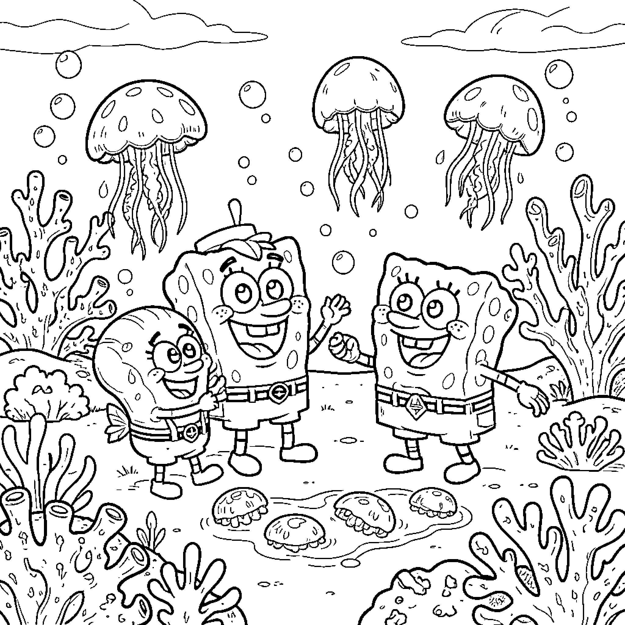 Spongebob and Friends Exploring the Underwater Wonderland Coloring Page (free black-and-white line drawing printable PDF for all, from beginners to advanced learners, including children, teens, adults, and seniors)