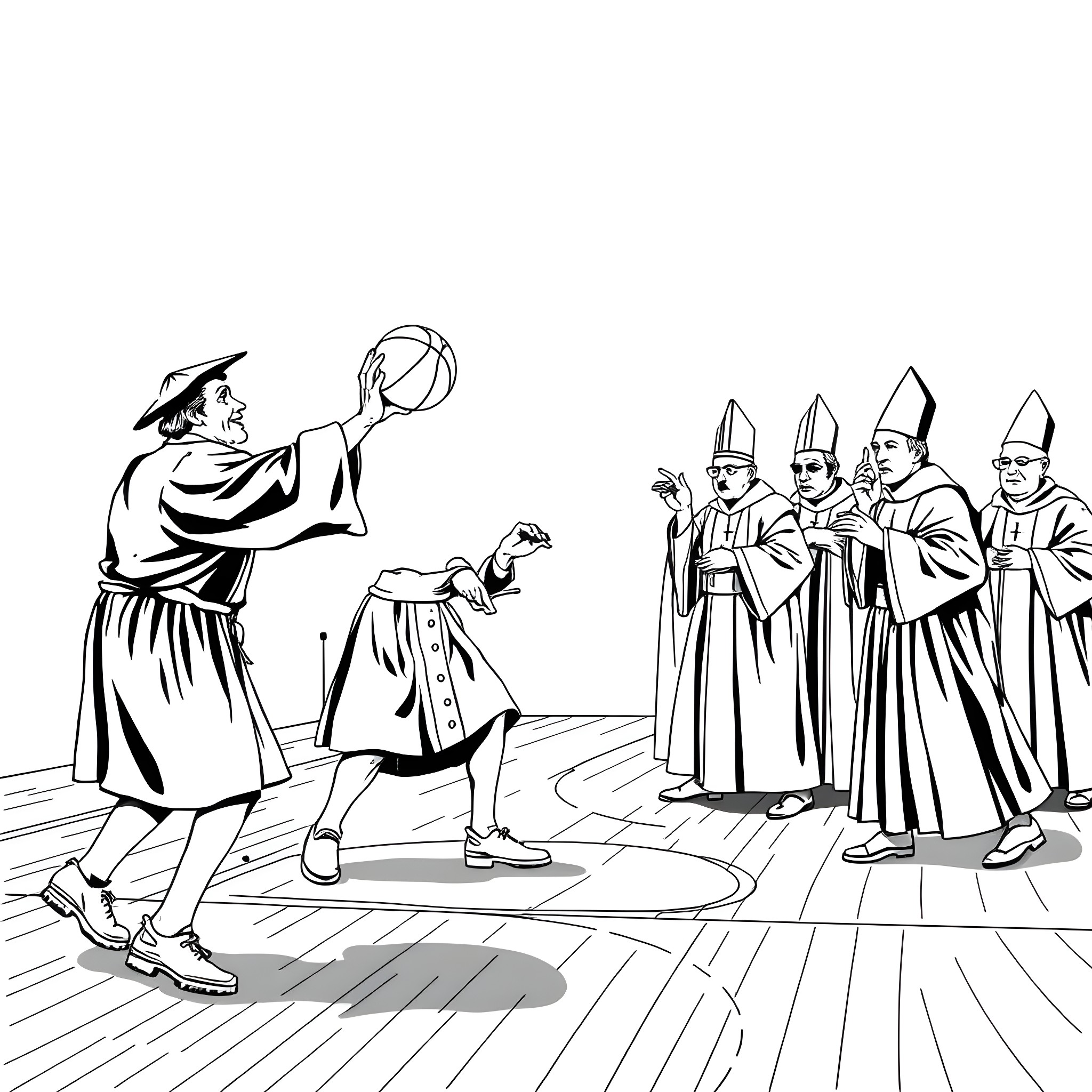 Martin Luther Challenging Church Authorities in a Dramatic Scene Coloring Page (free black-and-white line drawing printable PDF for all, from beginners to advanced learners, including children, teens, adults, and seniors)