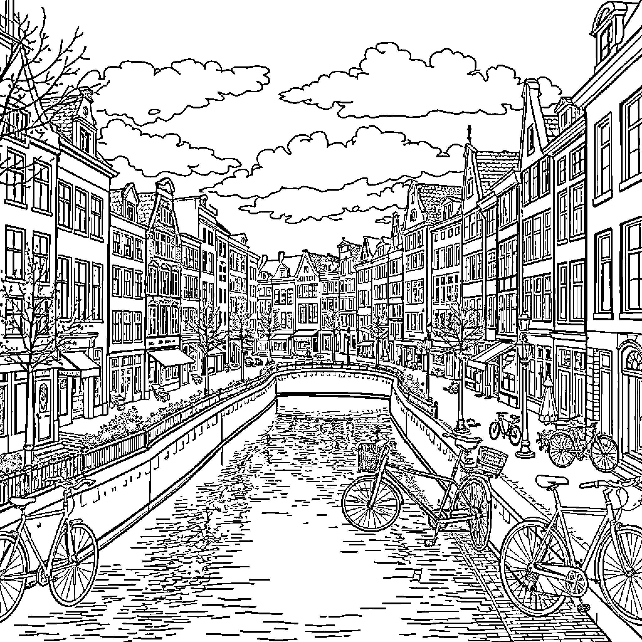 Amsterdam cityscape with canal and bicycles Coloring Page (free black-and-white line drawing printable PDF for all, from beginners to advanced learners, including children, teens, adults, and seniors)