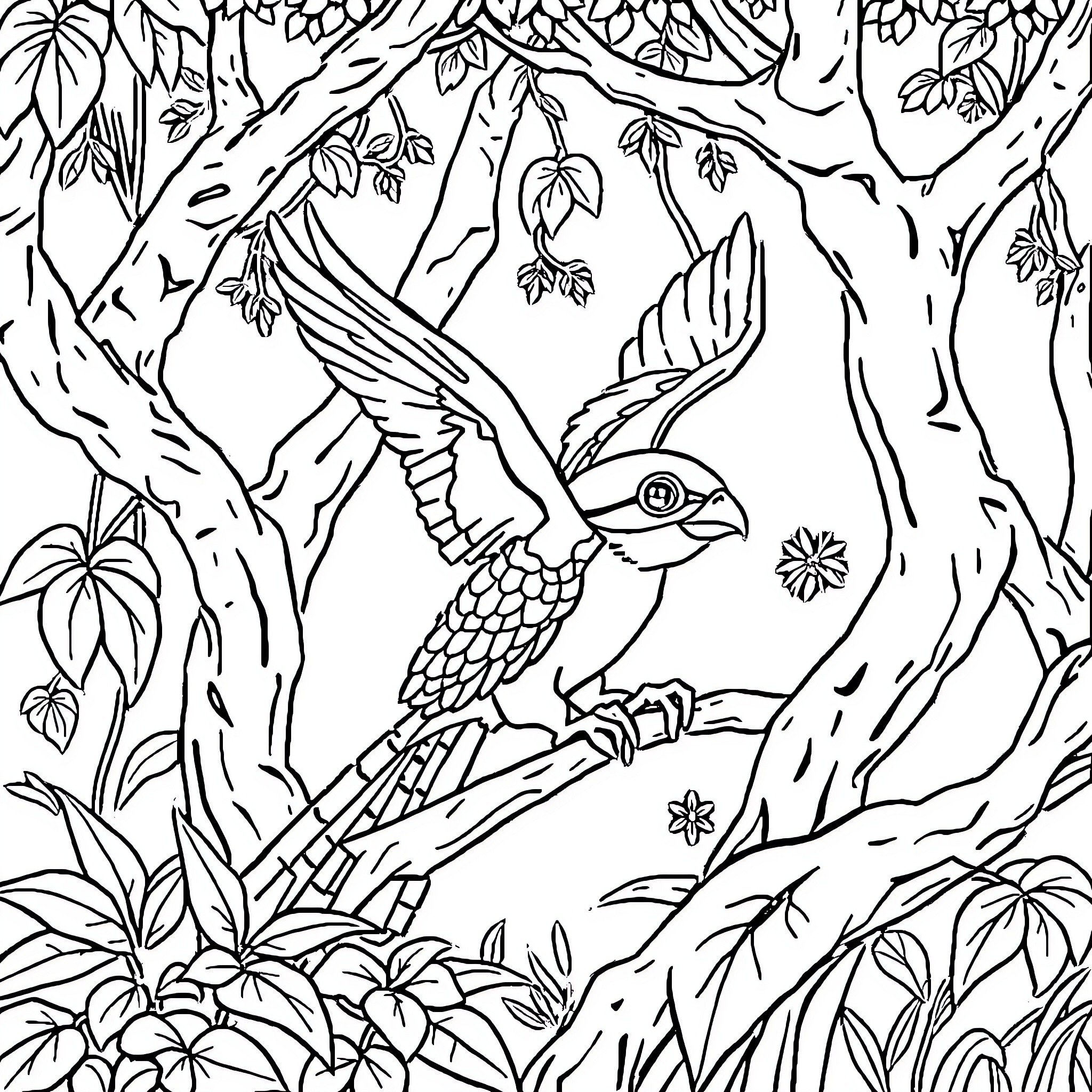 Animal perched on tree in jungle scene Coloring Page (free black-and-white line drawing printable PDF for all, from beginners to advanced learners, including children, teens, adults, and seniors)