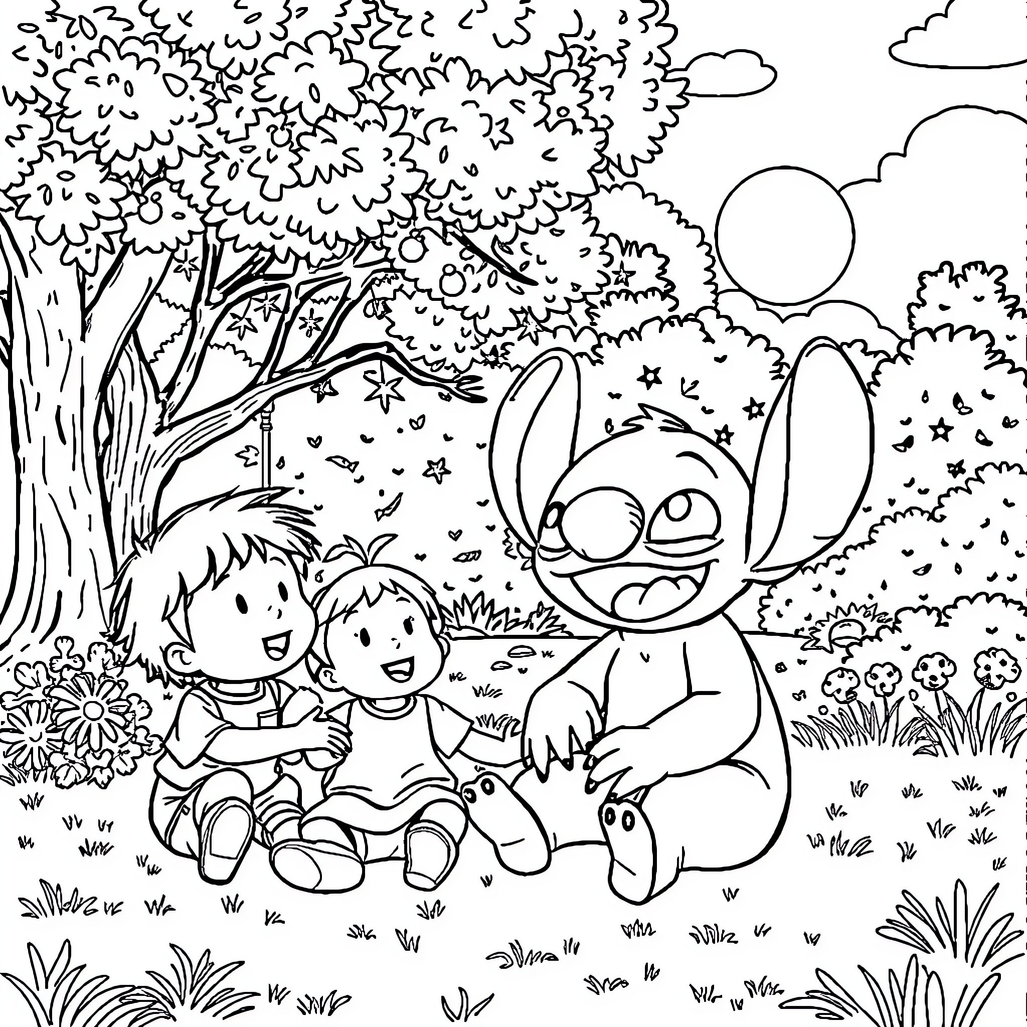 Stitch's Playful Adventure in the Enchanted Forest Coloring Page (free black-and-white line drawing printable PDF for all, from beginners to advanced learners, including children, teens, adults, and seniors)