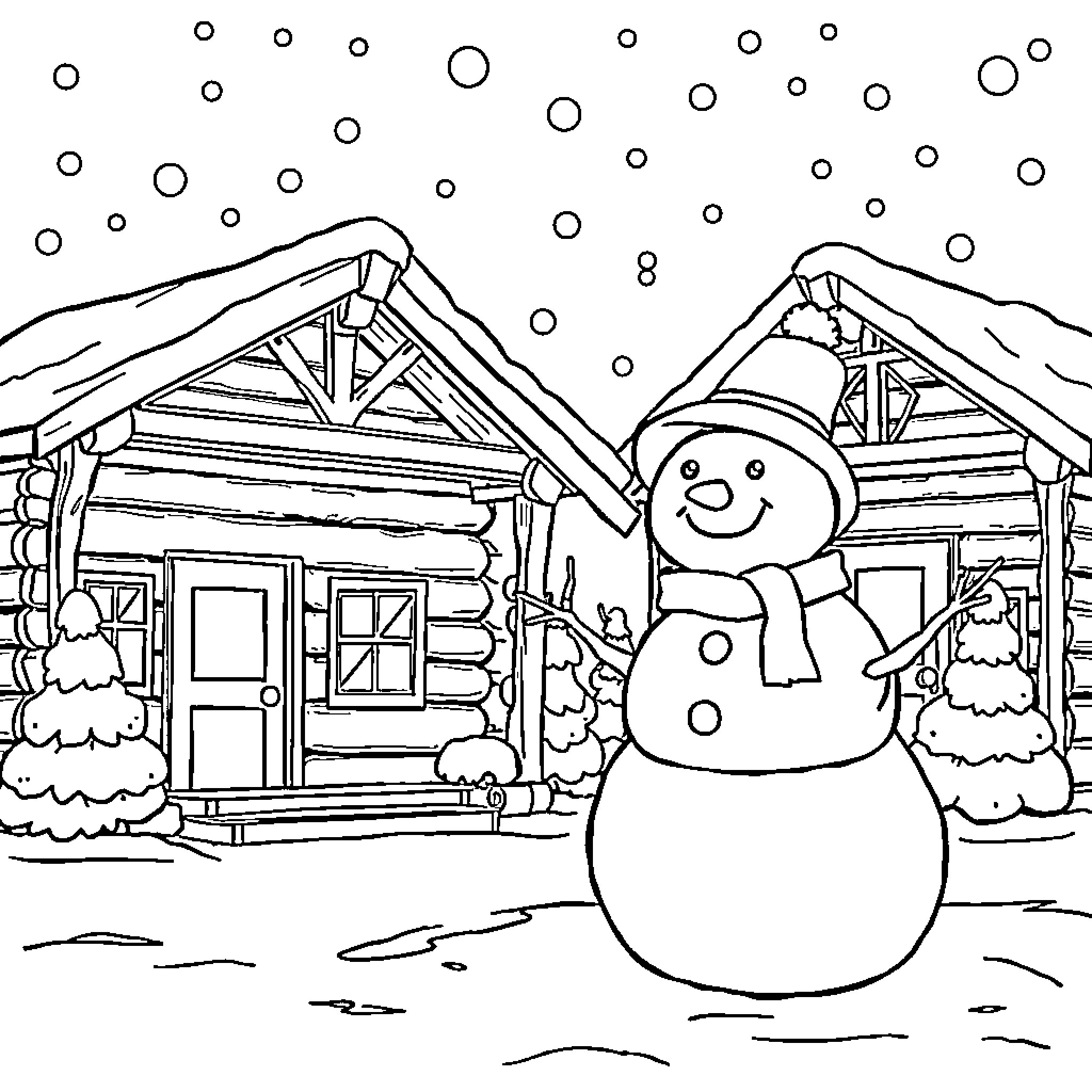 Snowman playing in a snowy cabin scene Coloring Page (free black-and-white line drawing printable PDF for all, from beginners to advanced learners, including children, teens, adults, and seniors)