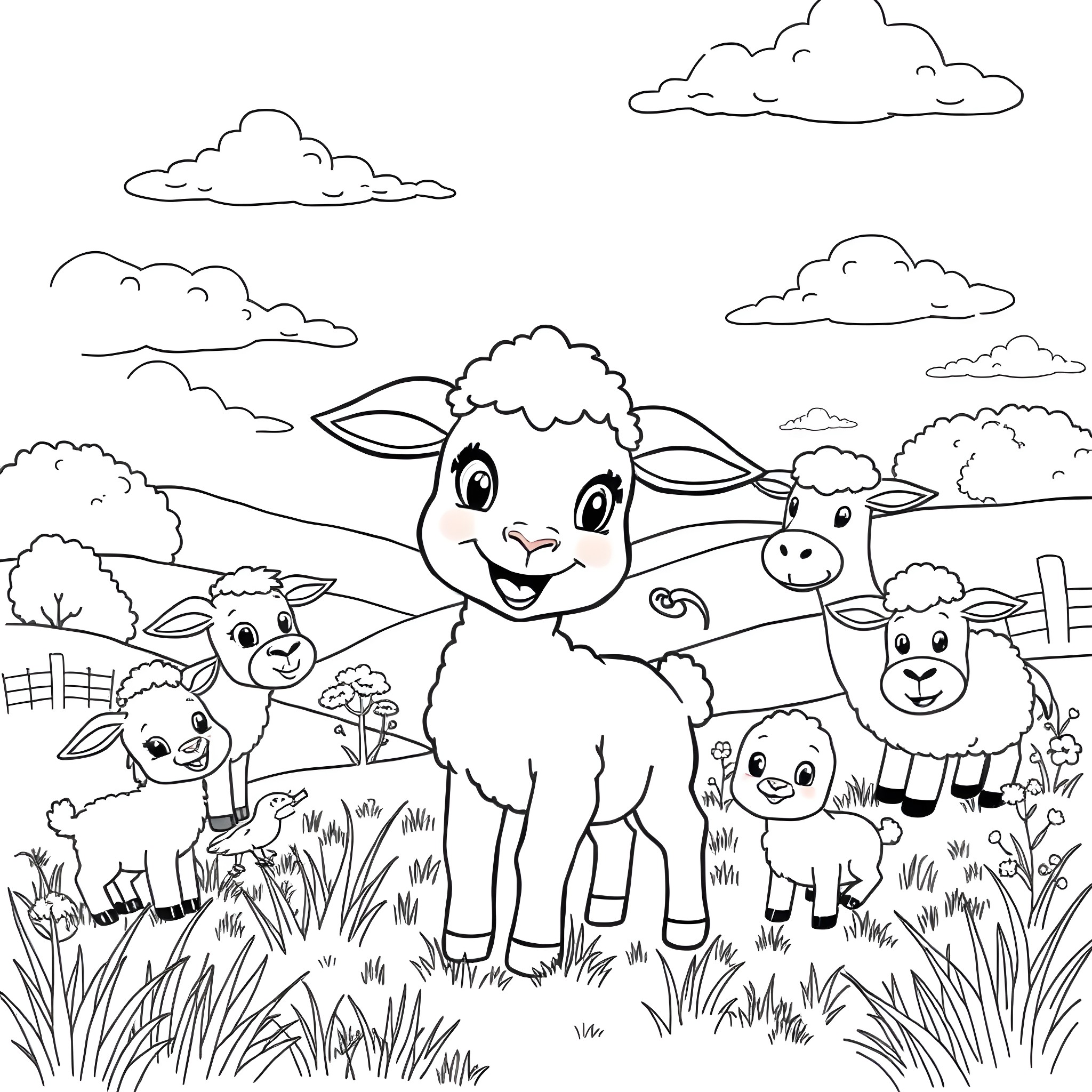 Timmy the Lamb Enjoying the Farm with Friends Coloring Page (free black-and-white line drawing printable PDF for all, from beginners to advanced learners, including children, teens, adults, and seniors)