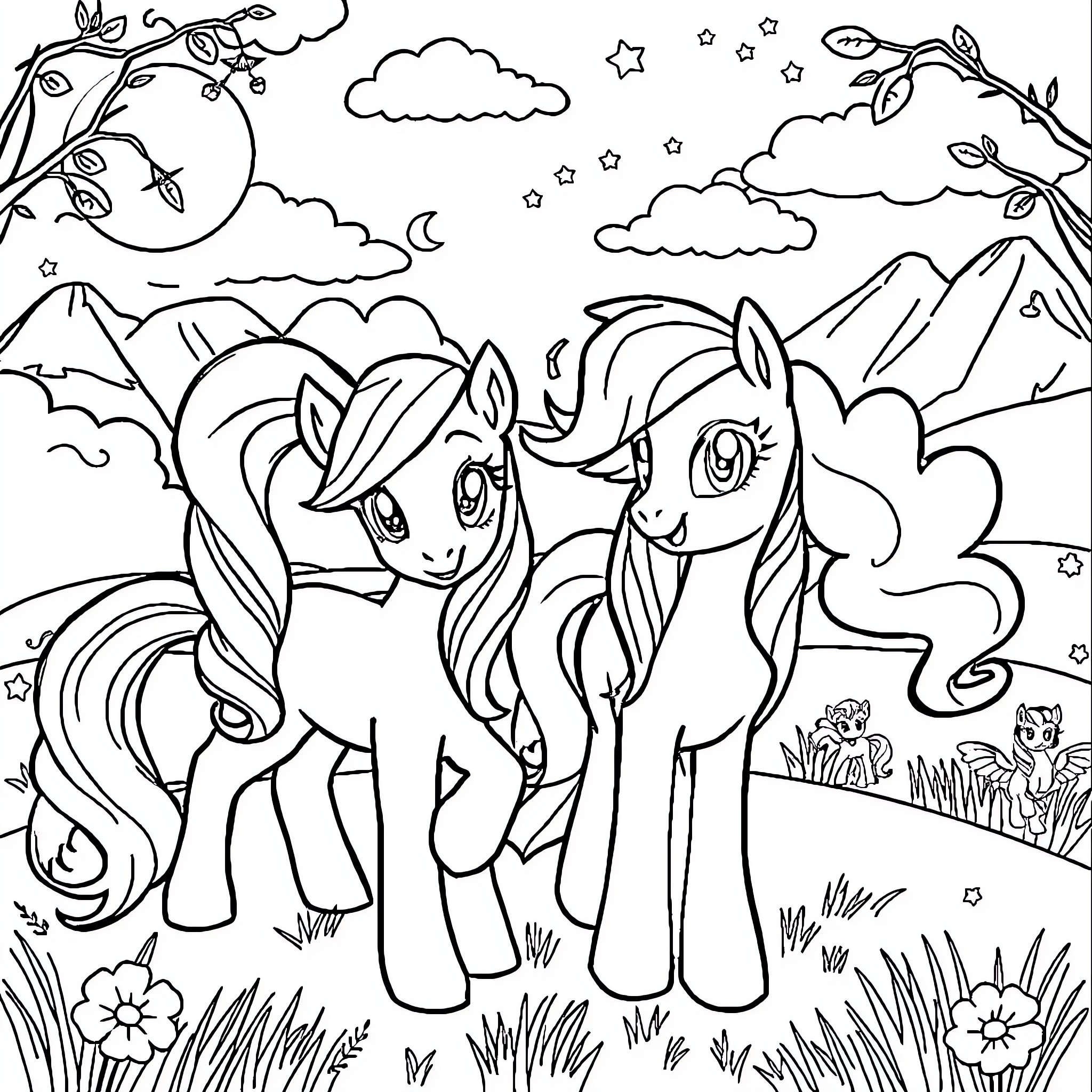 Pony friends exploring the enchanted landscape Coloring Page (free black-and-white line drawing printable PDF for all, from beginners to advanced learners, including children, teens, adults, and seniors)