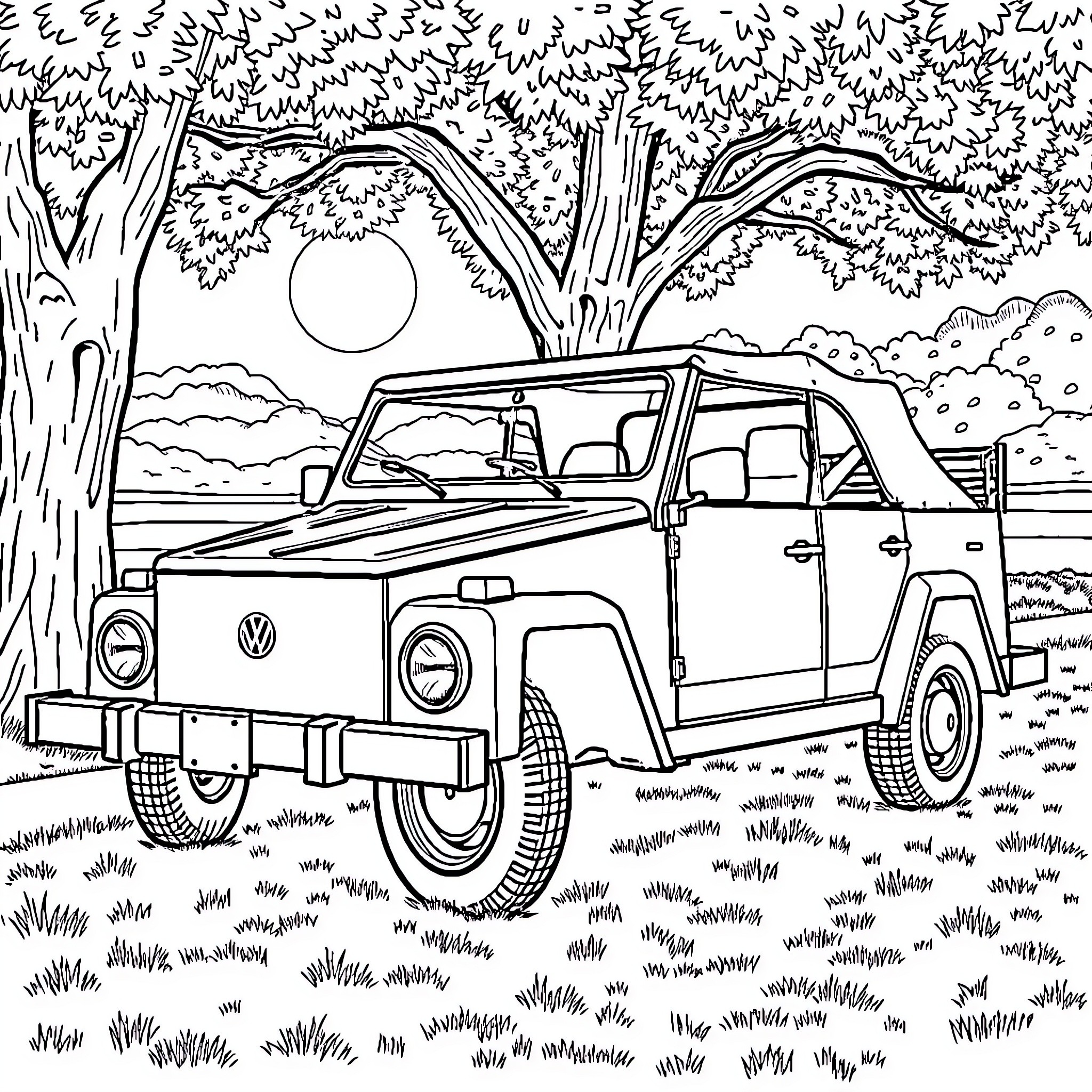 Volkswagen off-road vehicle in nature landscape Coloring Page (free black-and-white line drawing printable PDF for all, from beginners to advanced learners, including children, teens, adults, and seniors)