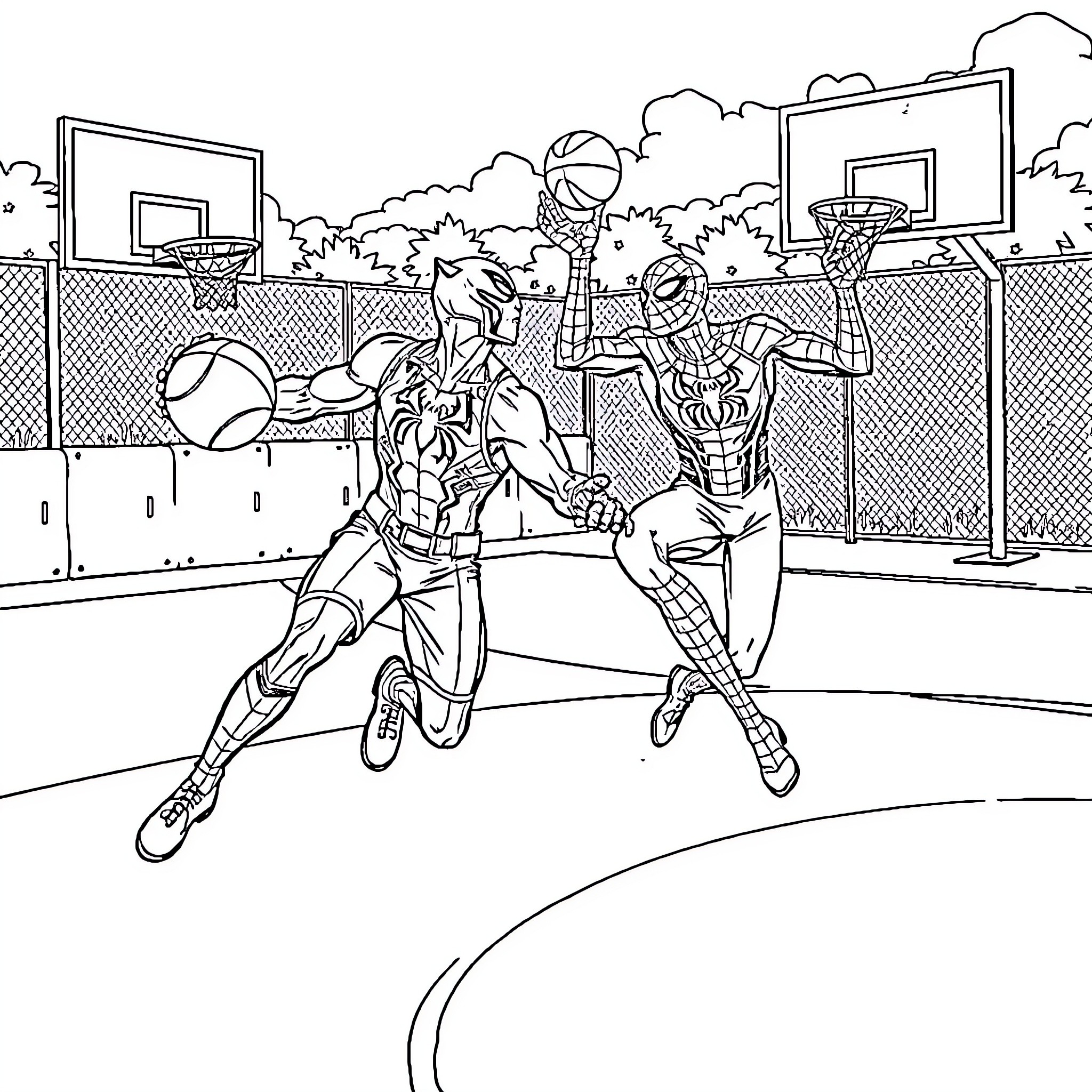 Panther athletes playing basketball on the court Coloring Page (free black-and-white line drawing printable PDF for all, from beginners to advanced learners, including children, teens, adults, and seniors)
