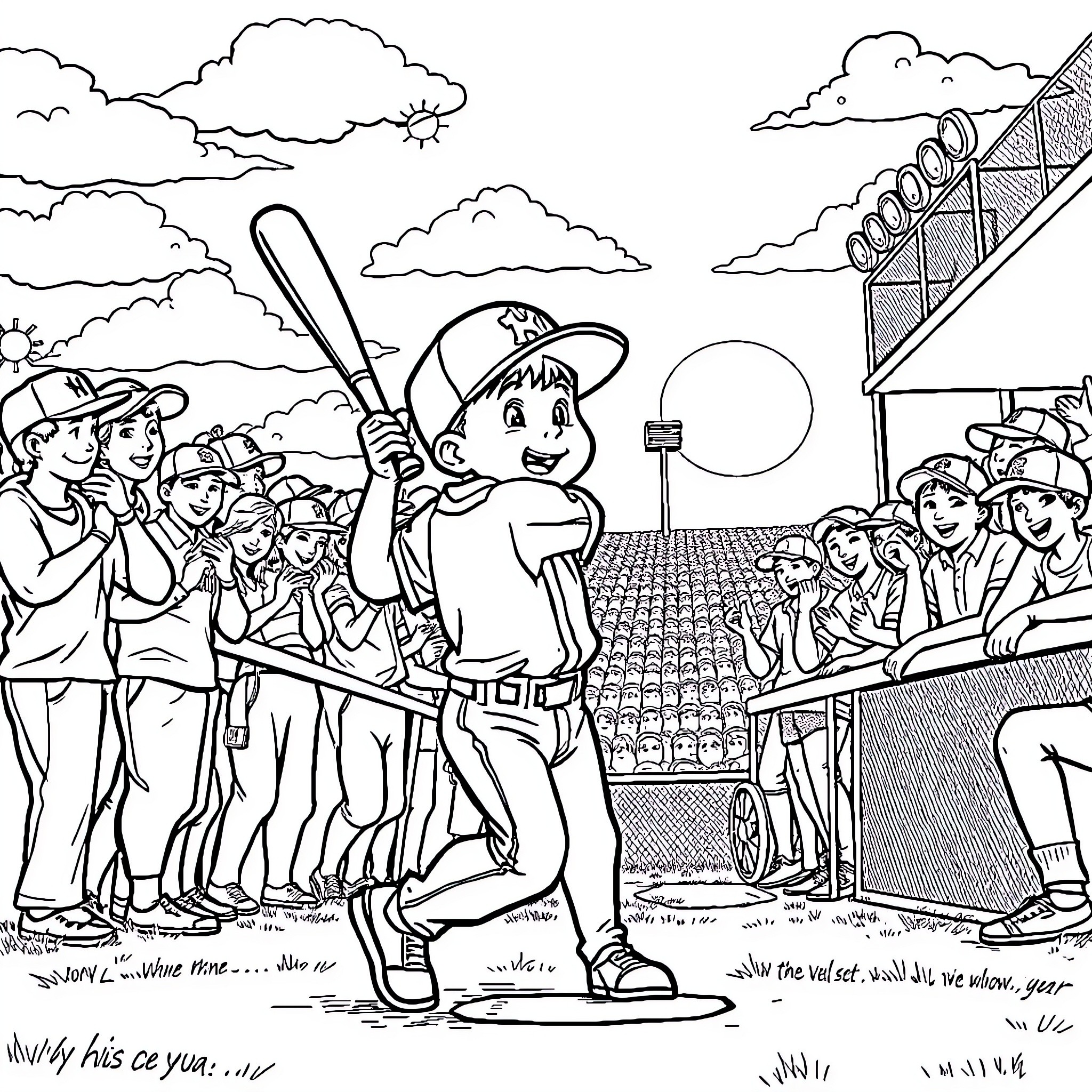 Boy Playing Baseball with Teammates at Stadium Coloring Page (free black-and-white line drawing printable PDF for all, from beginners to advanced learners, including children, teens, adults, and seniors)