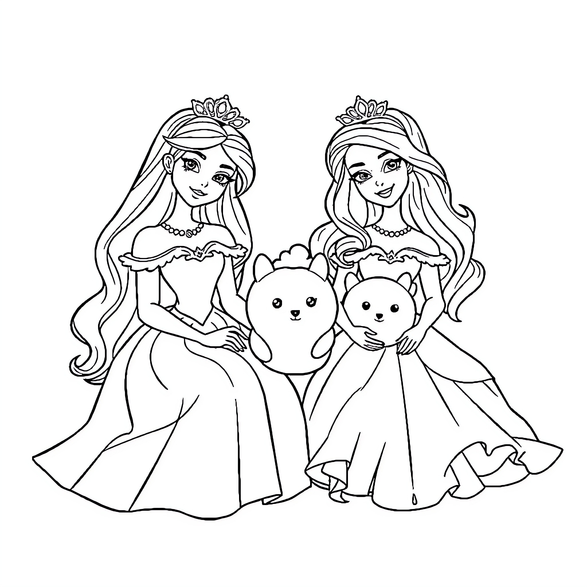 Princess friends having tea party with cute pets Coloring Page (free black-and-white line drawing printable PDF for all, from beginners to advanced learners, including children, teens, adults, and seniors)