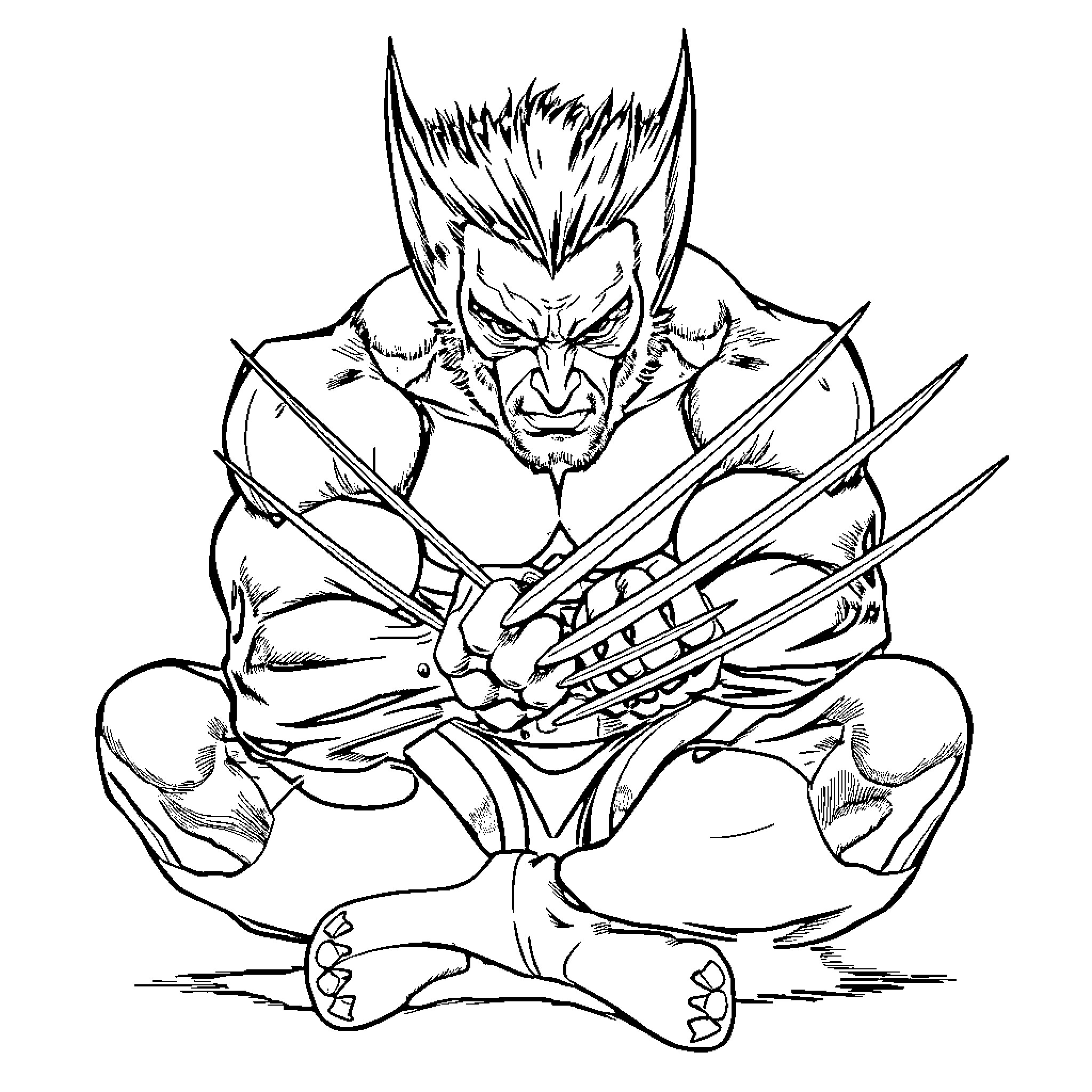 Wolverine's Fierce Claws in Action Coloring Page (free black-and-white line drawing printable PDF for all, from beginners to advanced learners, including children, teens, adults, and seniors)